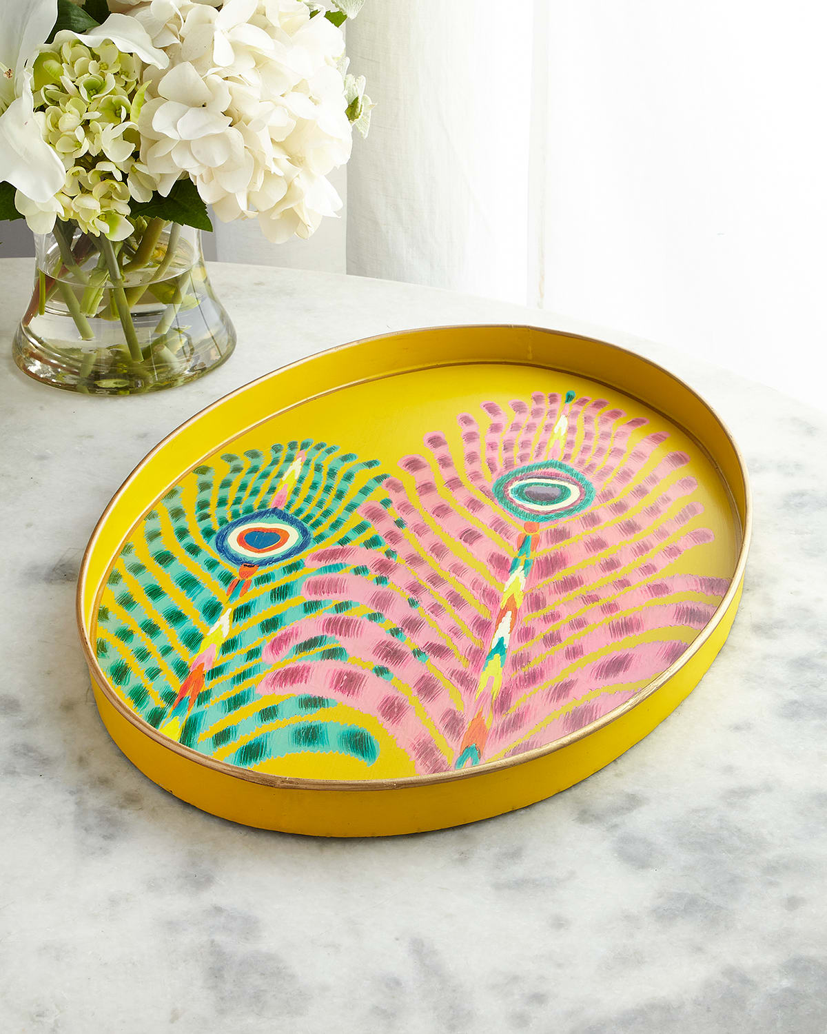 Shop Les Ottomans X Matthew Williamson Peacock Feather Duo Iron Oval Tray In Multi