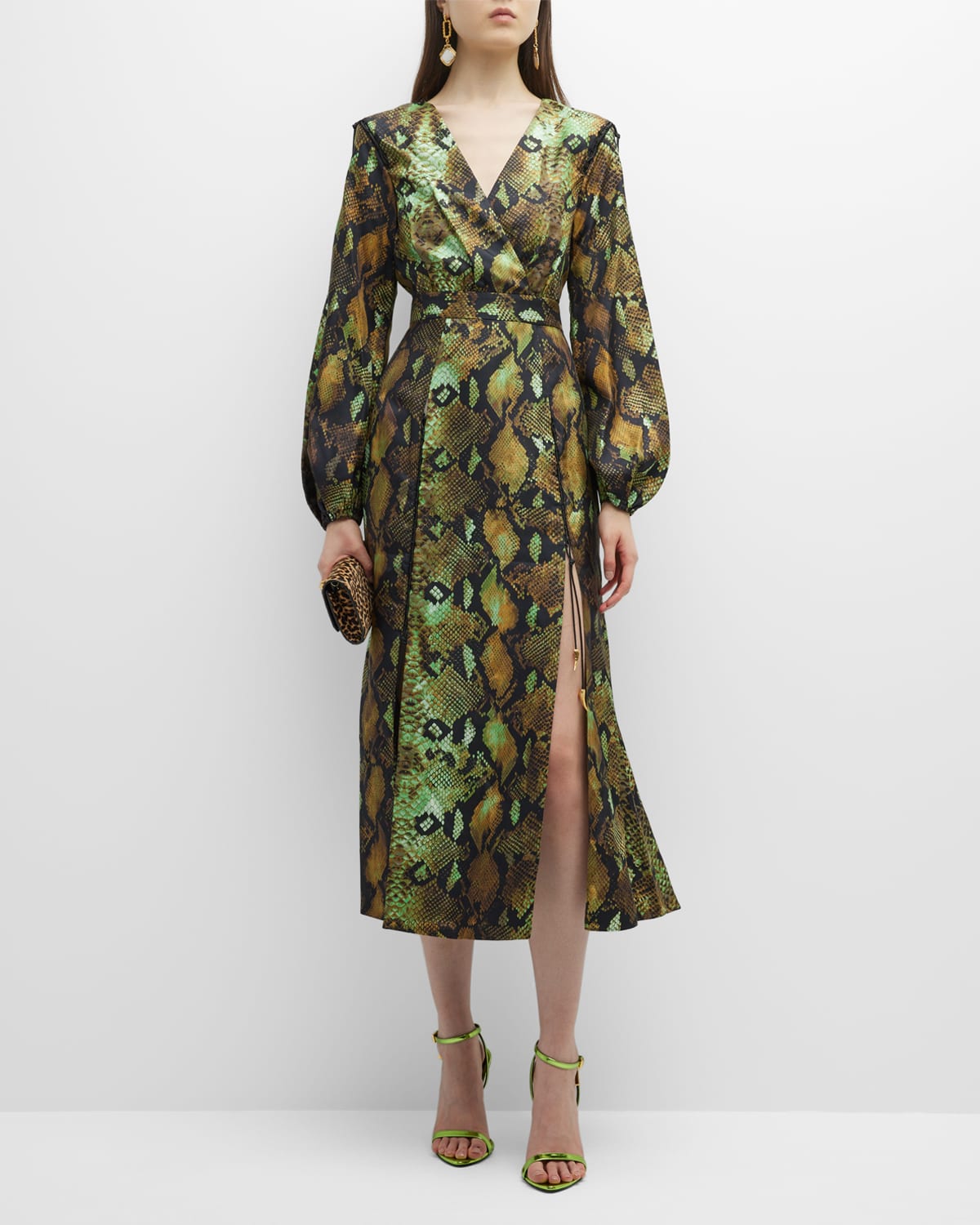 Shop Roberto Cavalli Snakeskin-print Lace-up Midi Dress In Naturalemilitare