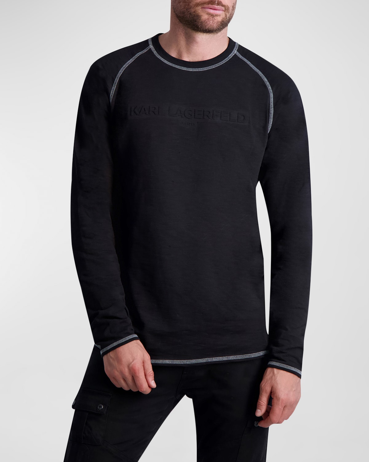 Shop Karl Lagerfeld Men's Slub Raglan Embossed Logo T-shirt In Black