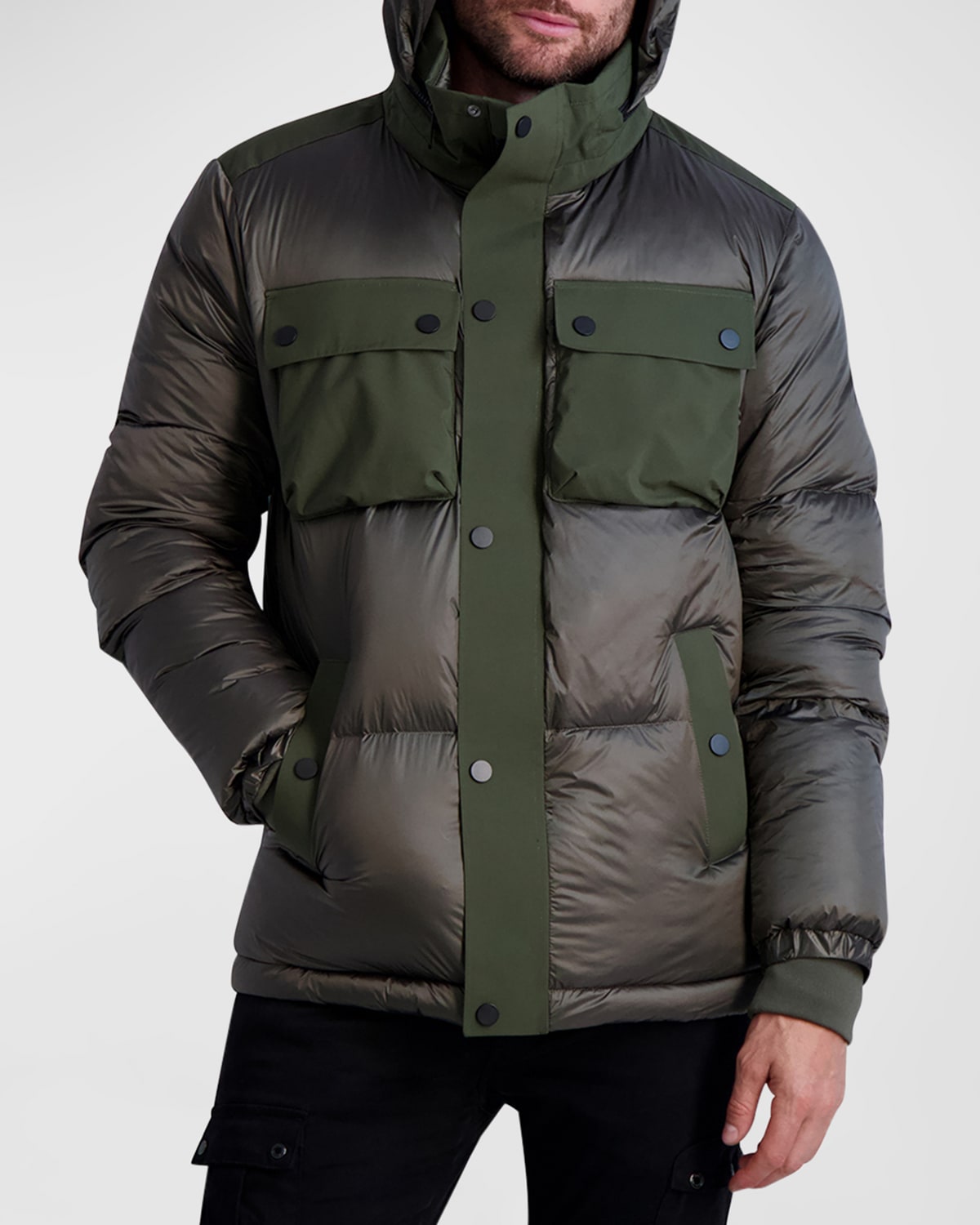 Shop Karl Lagerfeld Men's Fabric-blocked Down Coat In Olive