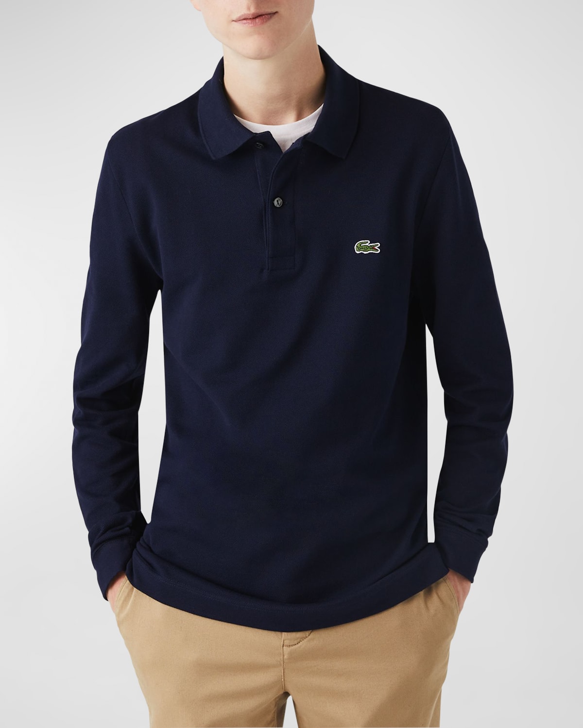 Lacoste Original L.12.12 Mens Long Sleeve Cotton Polo Shirt In Navy Blue 166