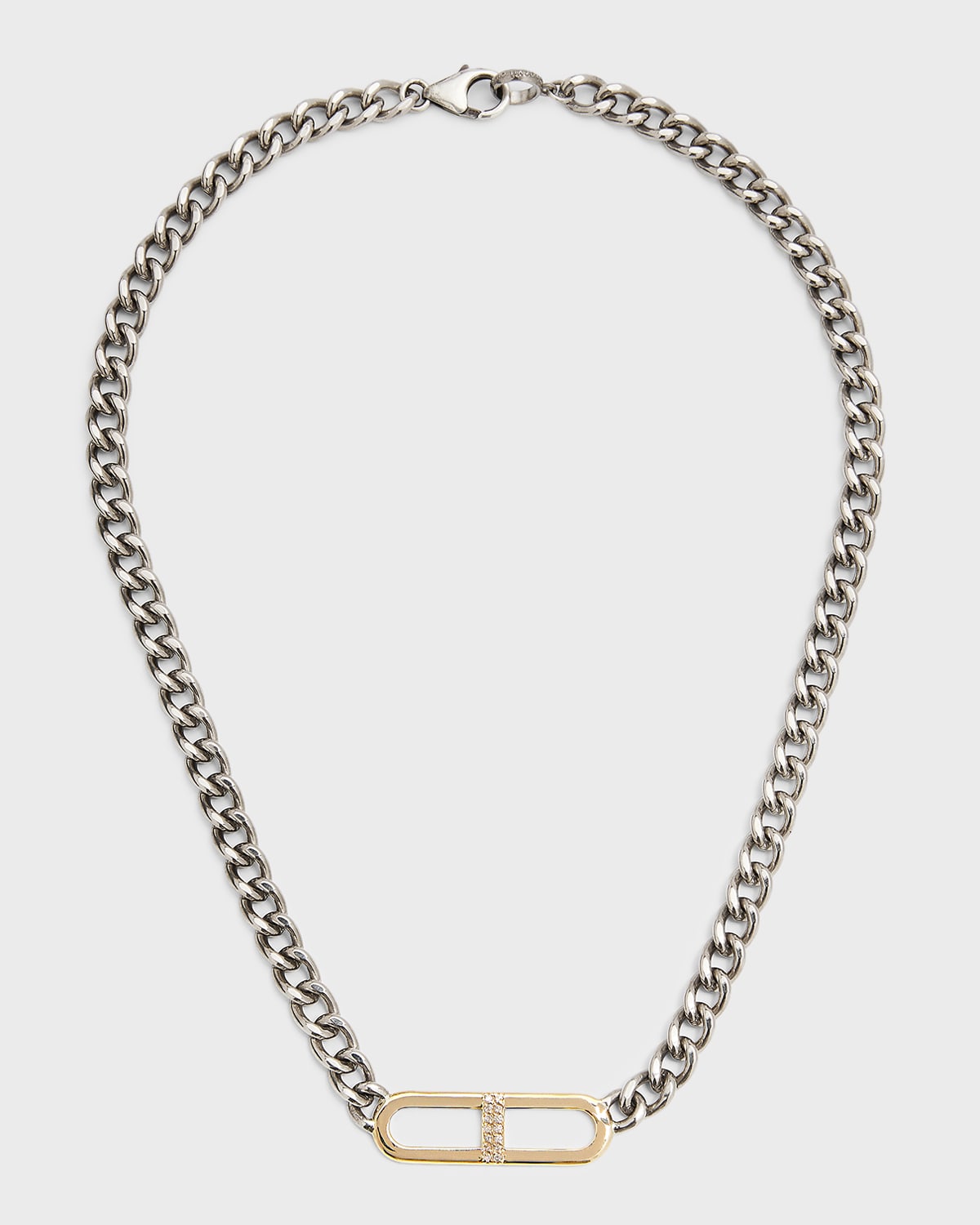 Yellow Gold Pave Diamond H-Link on Sterling Silver Flat Curb Chain