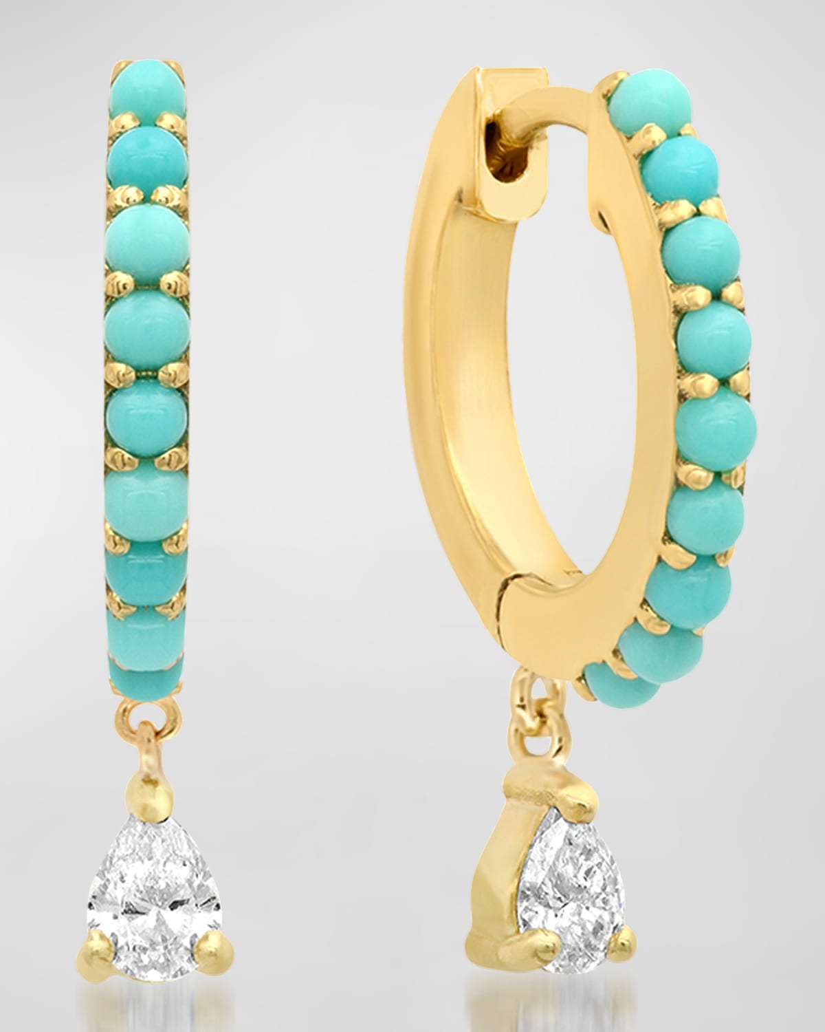 Small Turquoise Huggie Earrings with Pear-Cut Diamond Drop