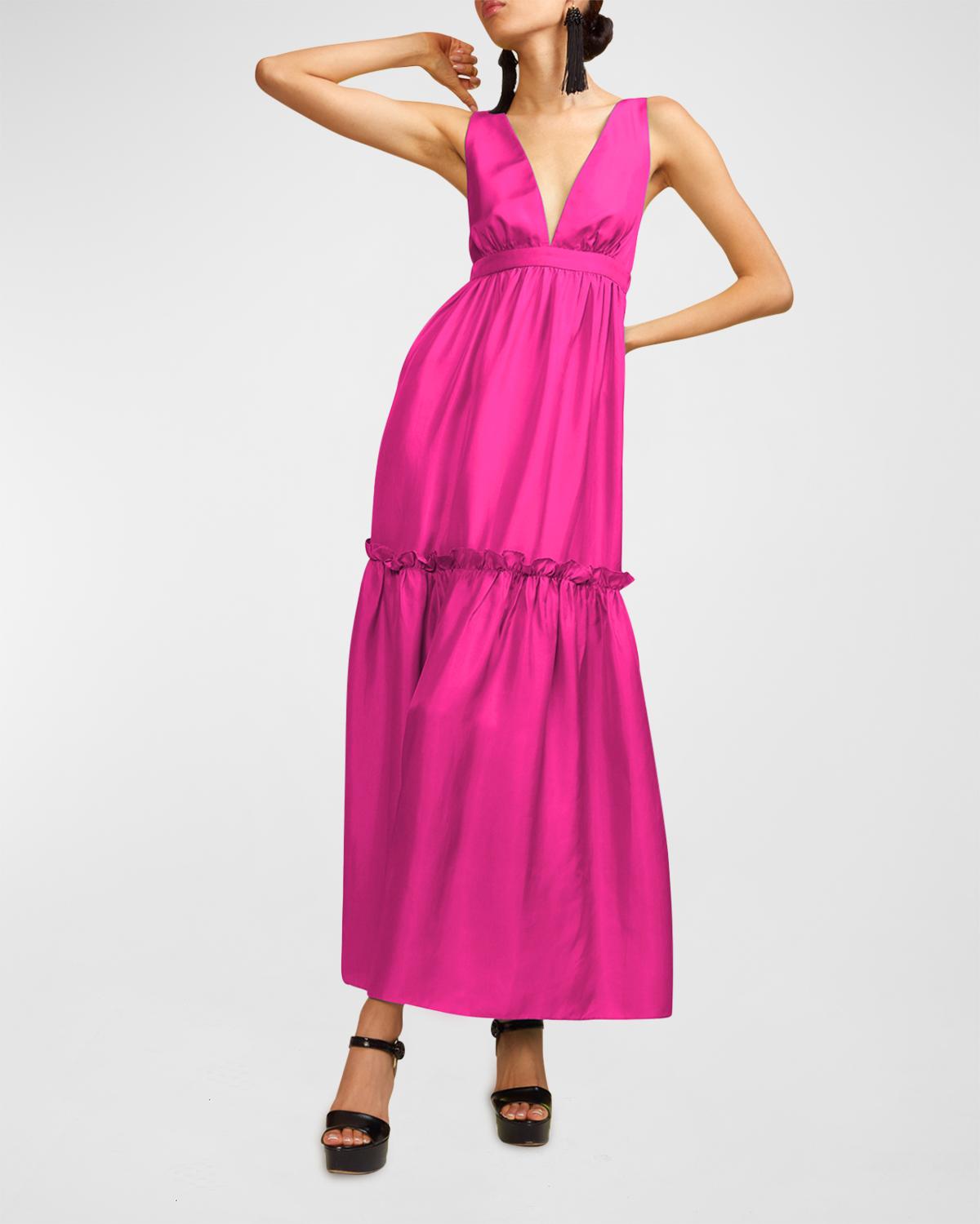 Cynthia Rowley Silk Ruffle Maxi Dress In Hot Pink