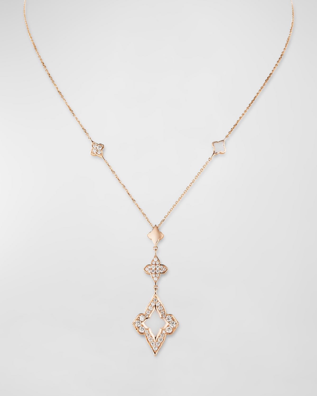 Color Blossom lariat necklace, pink gold, white mother-of-pearl