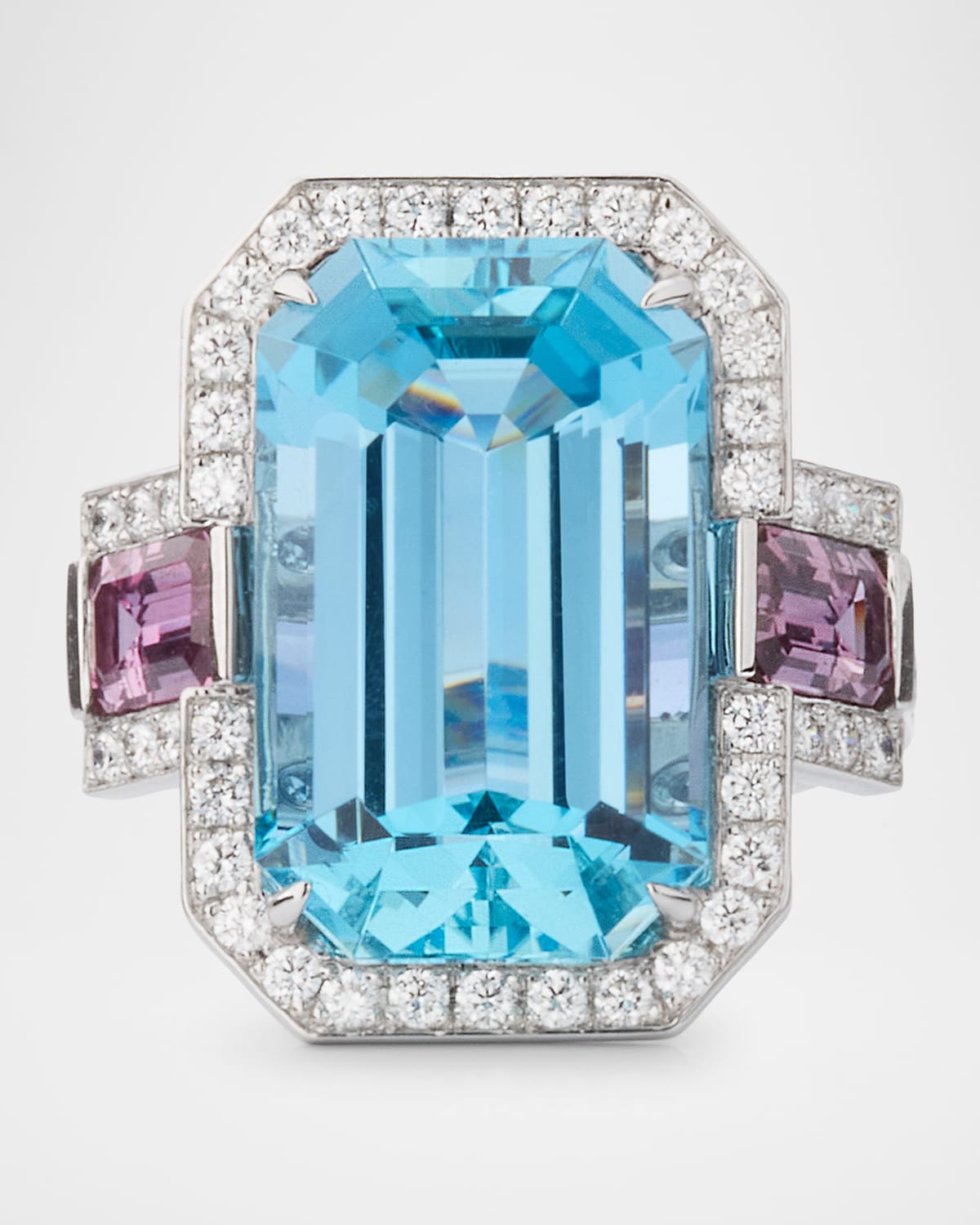 Platinum Diamond, Brazilian Aquamarine and Pink Sapphire Statement Ring