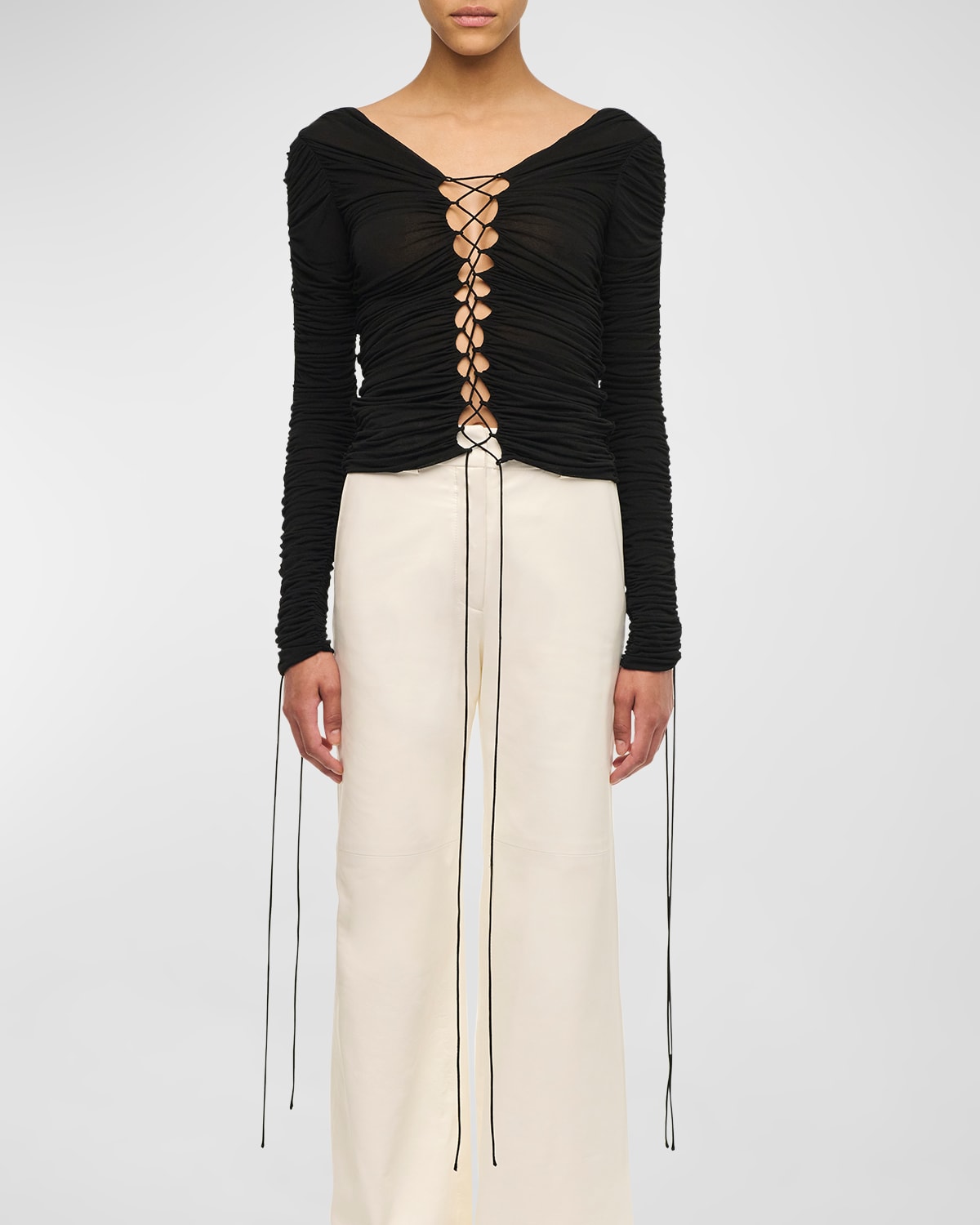 Interior Kit Ruched Lace-up Stretch-jersey Top In Black