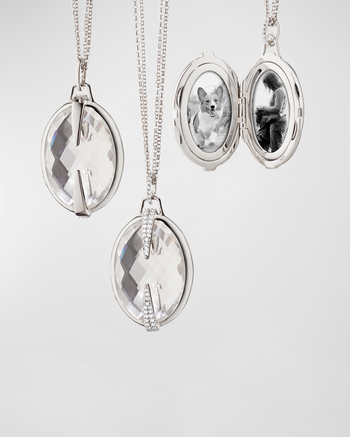Monica Rich Kosann Sterling Silver Large Oval Locket With Rock Crystal And White Sapphires On Double Mini Round Cable C