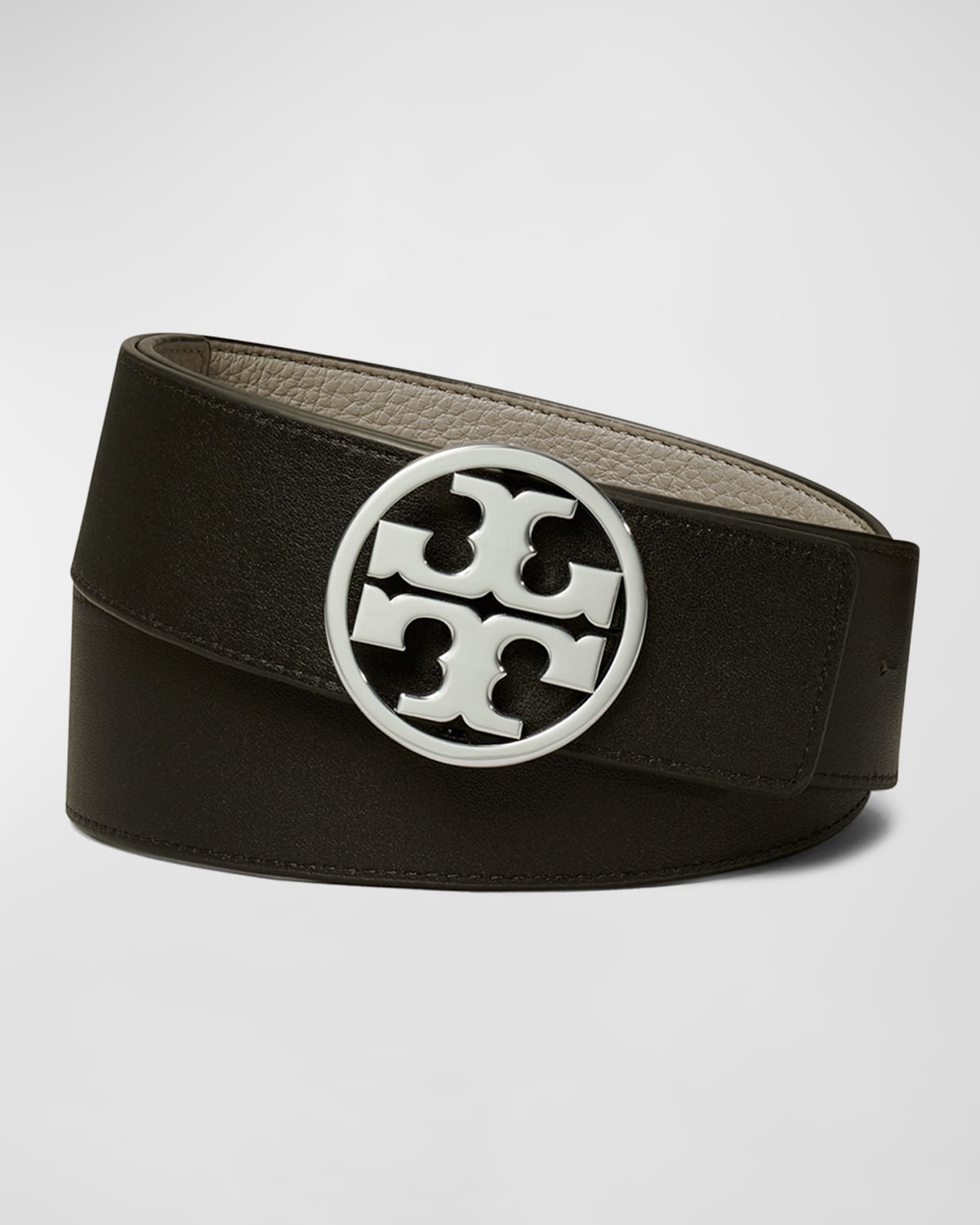 Tory Burch Miller Reversible 1.5" Logo Belt In Gray Heron Black Silver
