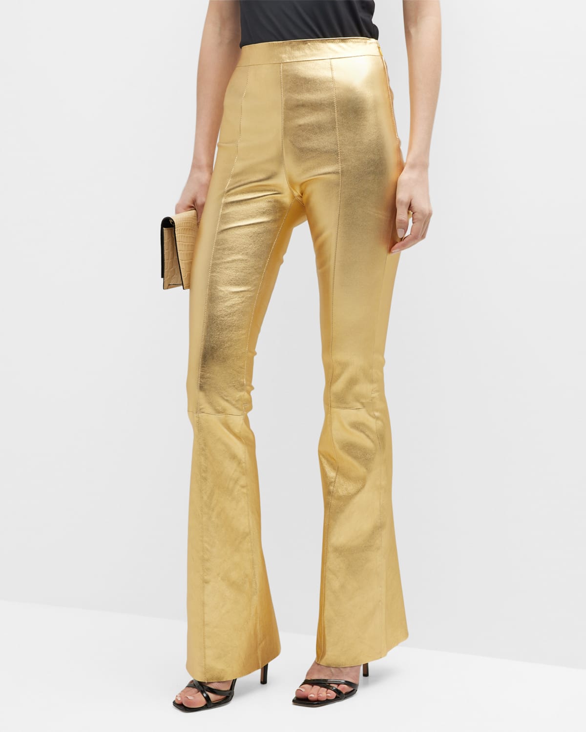 Metallic Golden Leather Flared-Leg Pants