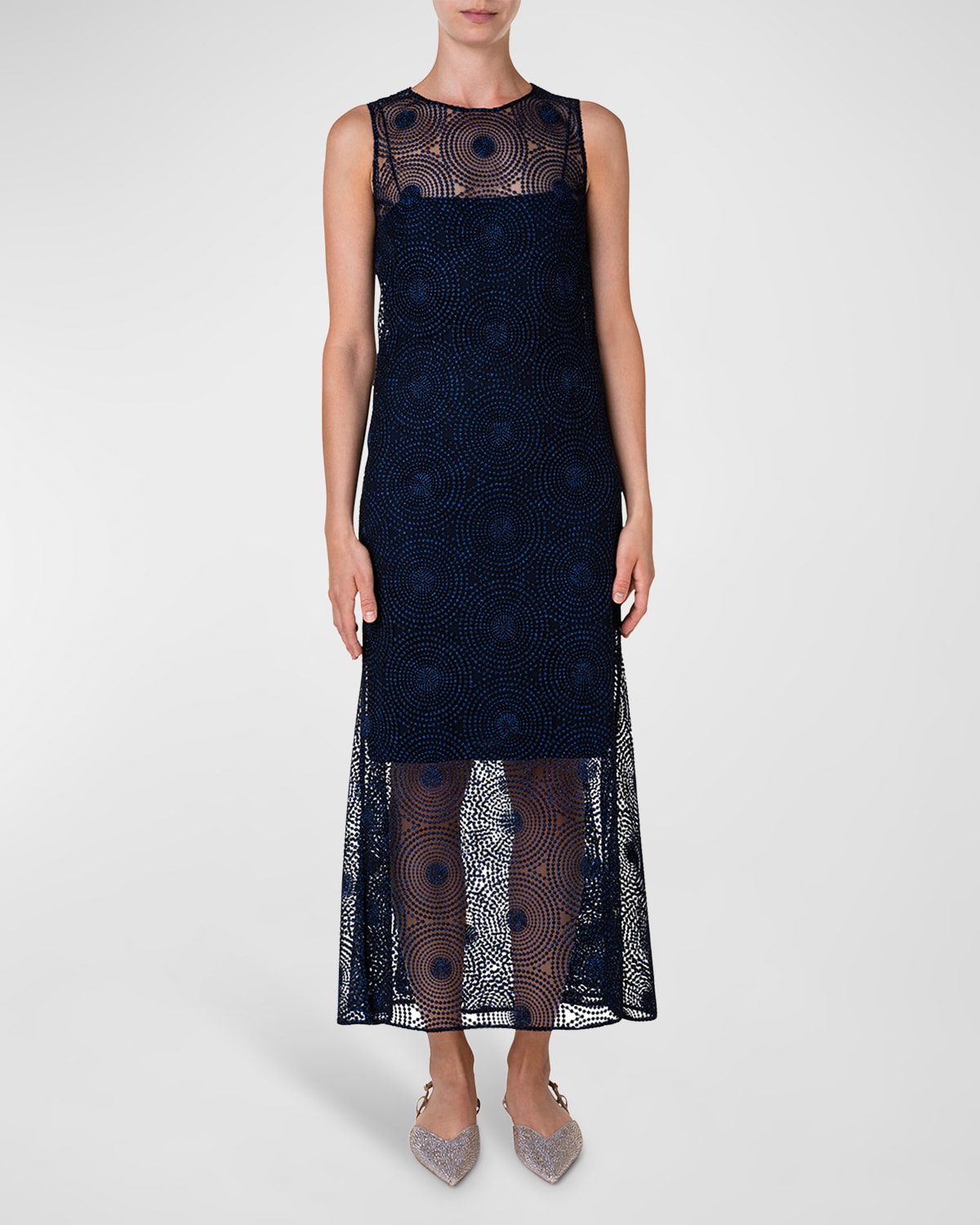 Akris Punto Metallic Dot Embroidered Midi Dress In Navy | ModeSens