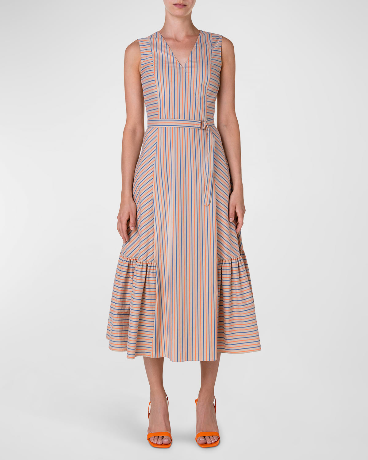Akris Punto Parasol Stripe Cotton Midi Dress With Belt In Beige Multi