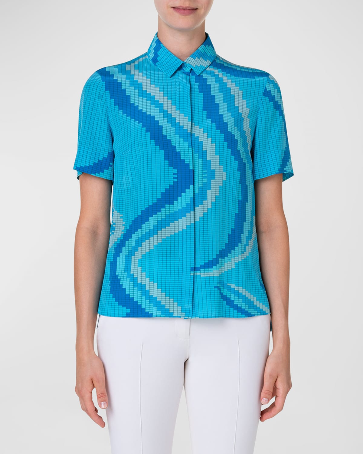 Wave-Print Crepe De Chine Collared Blouse