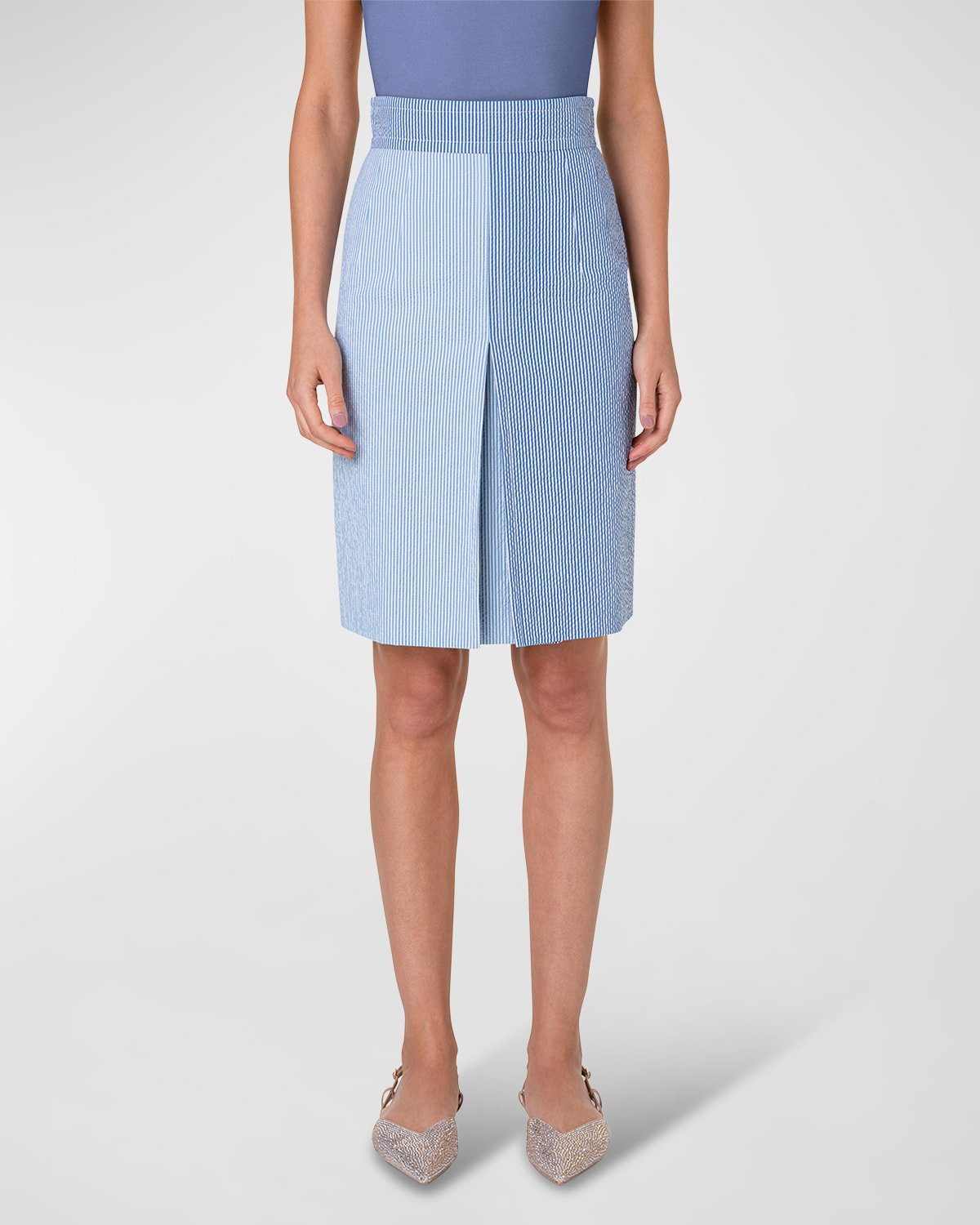 Cotton Seersucker Colorblock Midi Skirt