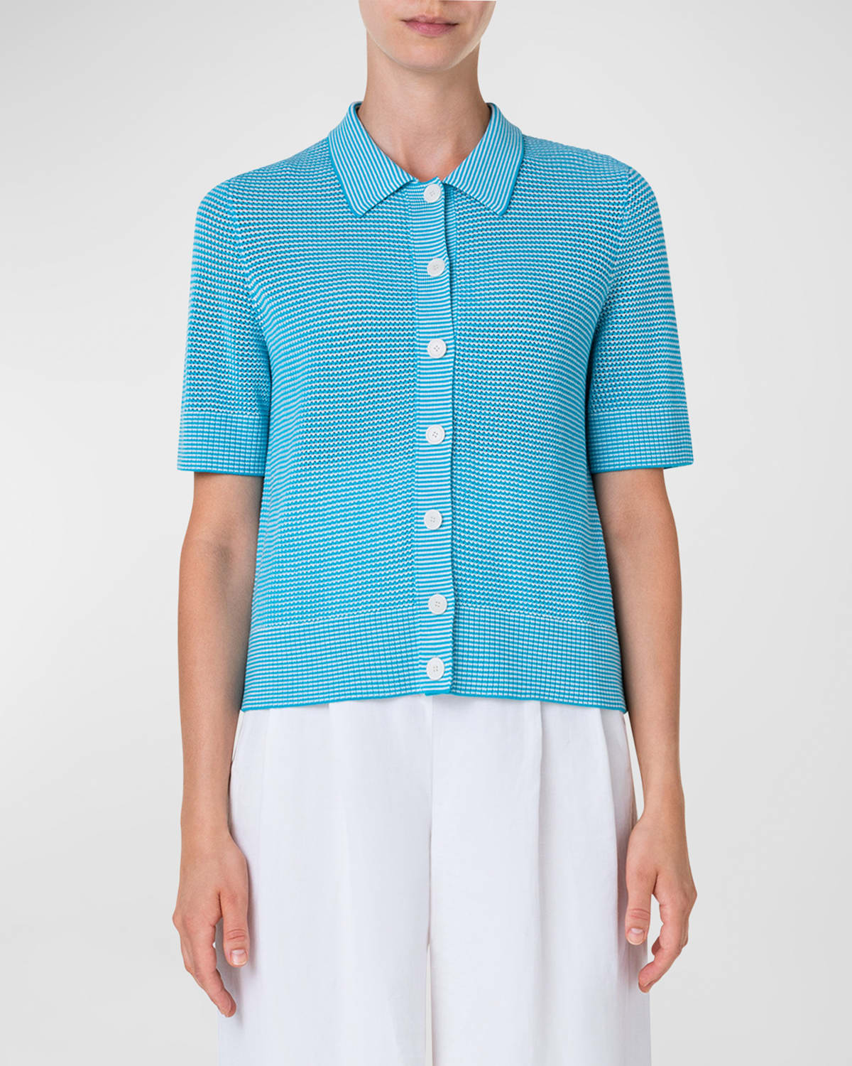 Akris Punto Stripe Crochet Knit Collared Short-sleeve Cardigan In Turquoise Cream