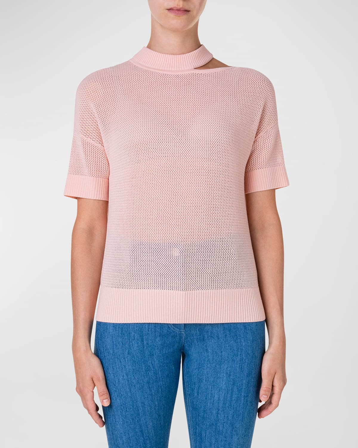 Akris Punto Slash-cutout Short-sleeve Crochet Knit Sweater In Peach