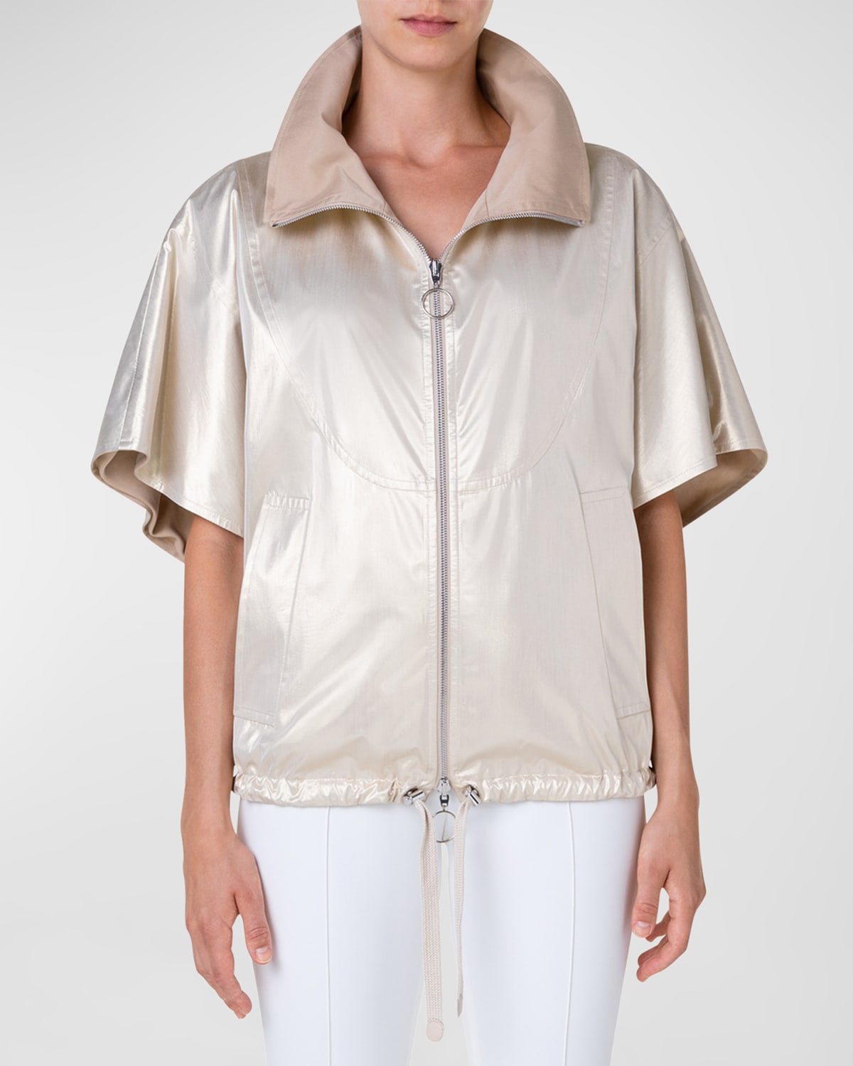 Akris Punto Metallic Gabardine Short-sleeve Reversible Jacket In Beige