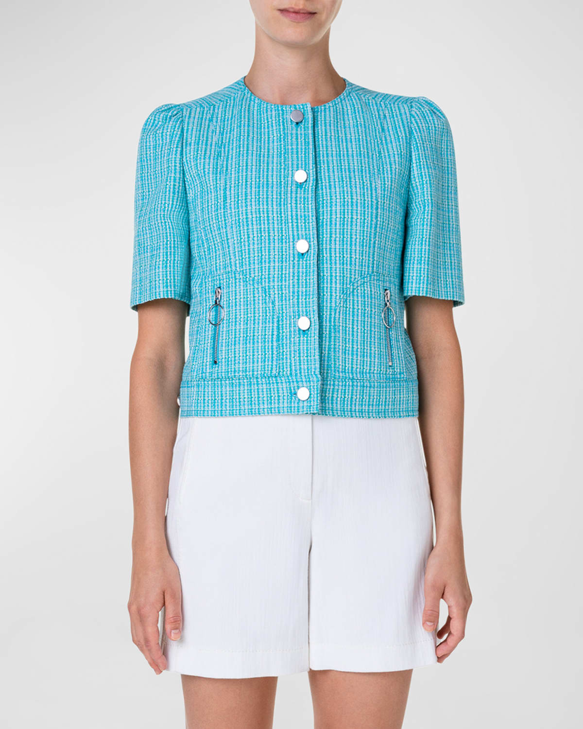 Akris Punto Puff-sleeve Cotton-linen Tweed Jacket In Turquoise Multi