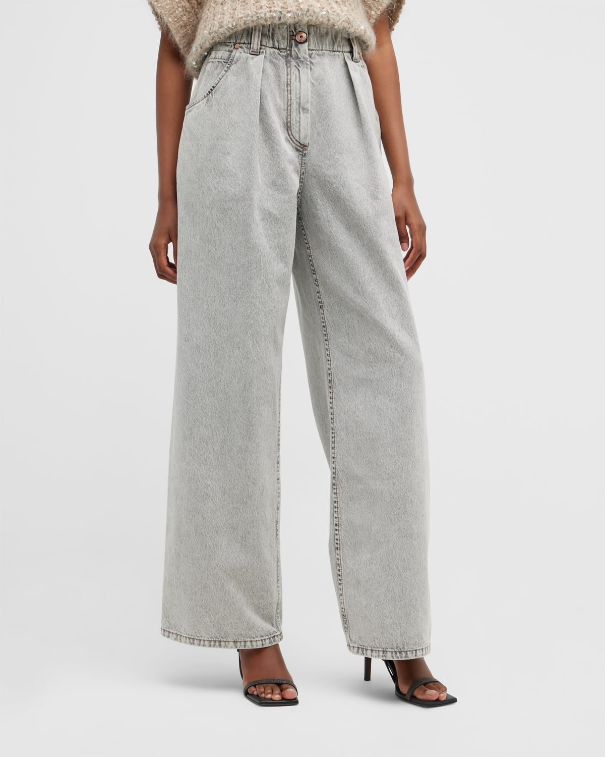 Brunello Cucinelli Stone-Washed Pleated Wide-Leg Elastic-Waist Jeans