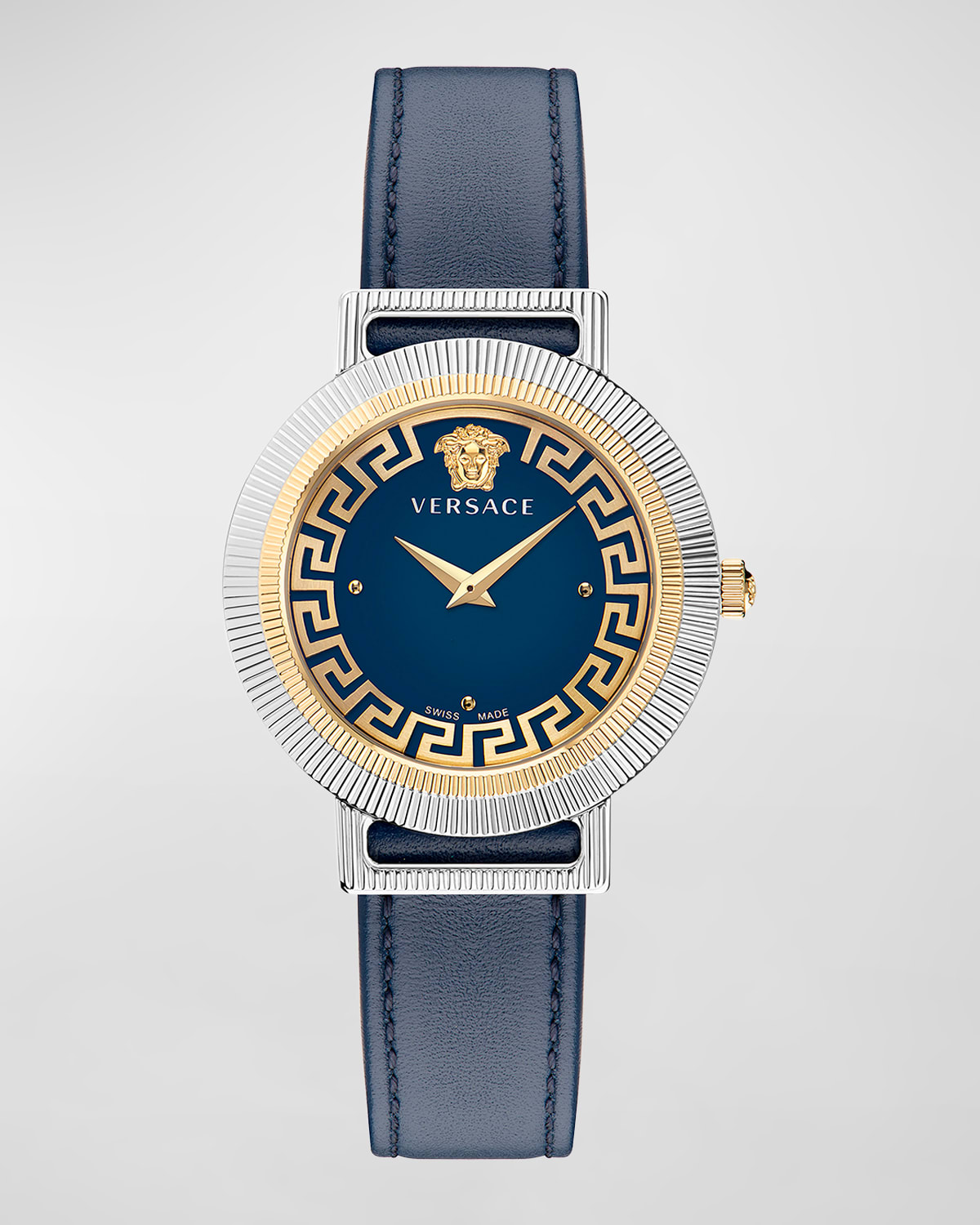 Versace 36mm Greca Chic Leather Watch, Two-Tone/Blue