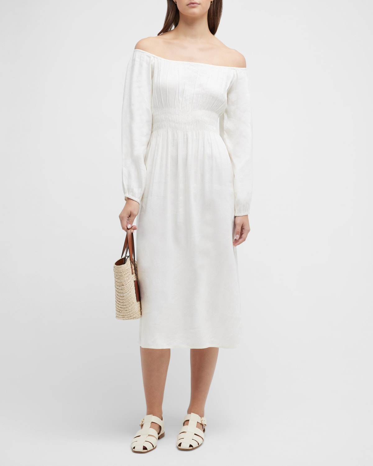 Air Linen Smocked Off-Shoulder Long-Sleeve Dress