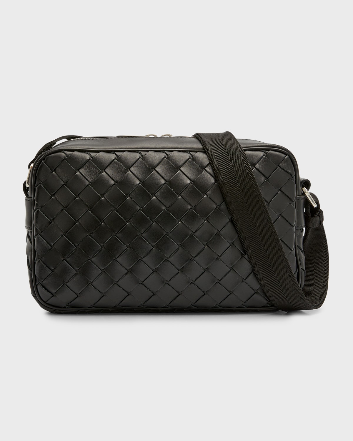 Shop Bottega Veneta Men's Leather Intrecciato Crossbody Camera Bag In Black-silver