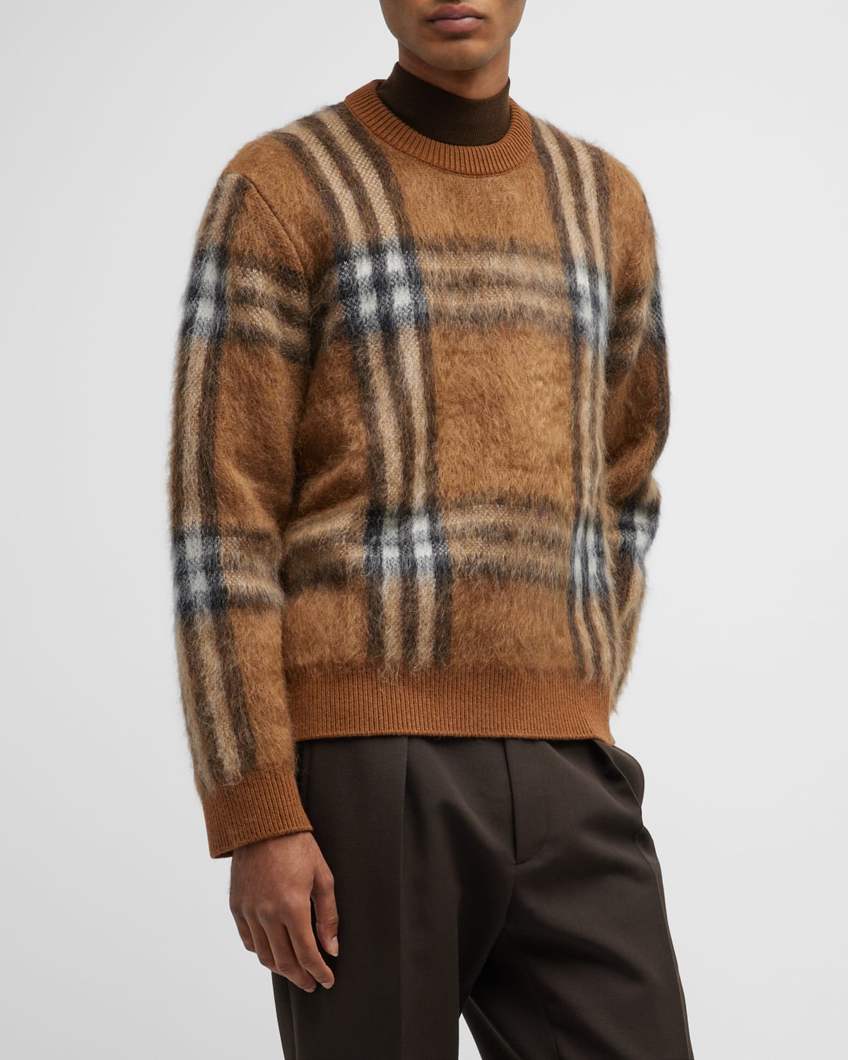Burberry Men s Denver Fuzzy Check Jumper In Dark Birch Brown ModeSens