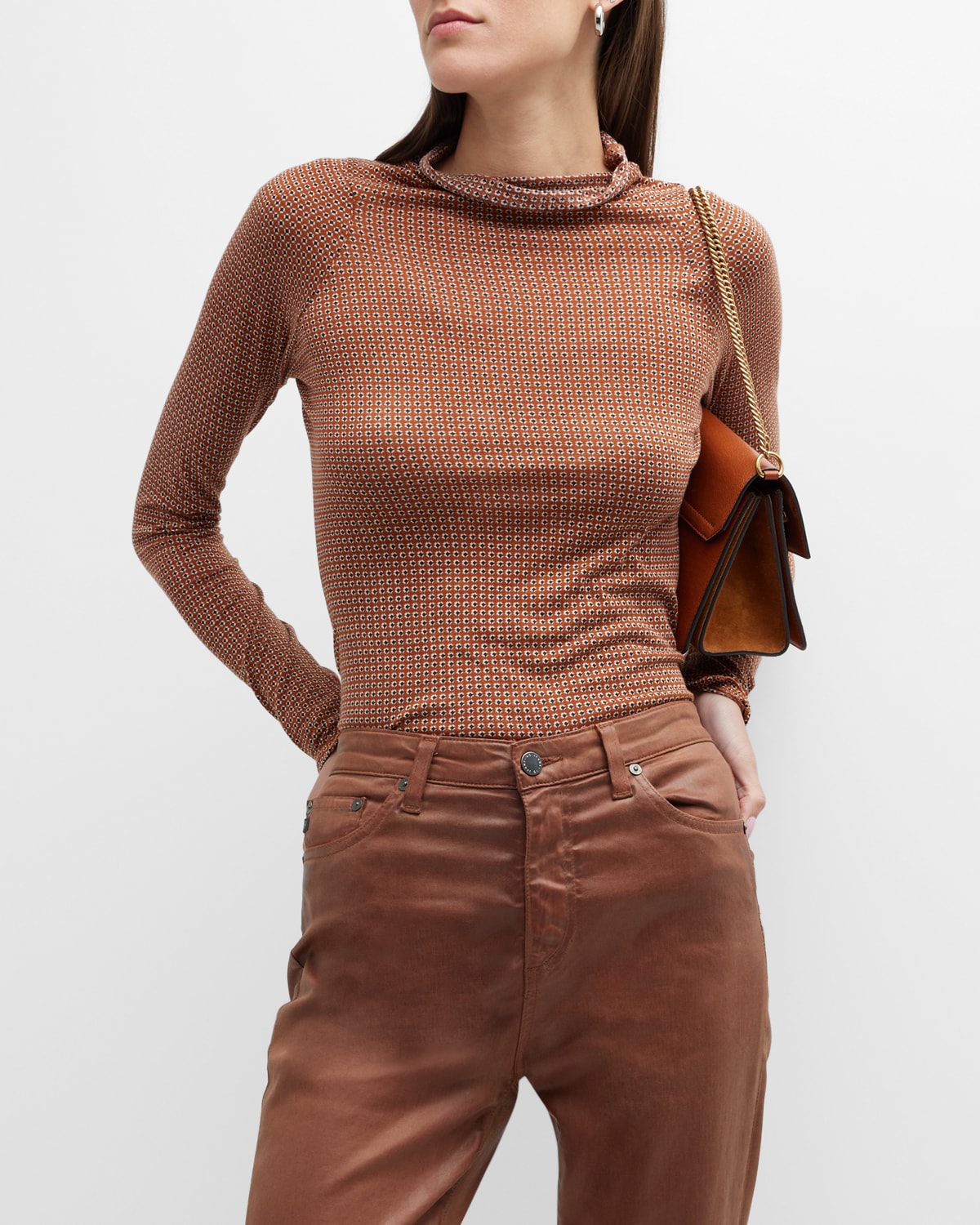 Rag & Bone Shaw Geo Print Paneled Turtleneck Top In Brwnmlt