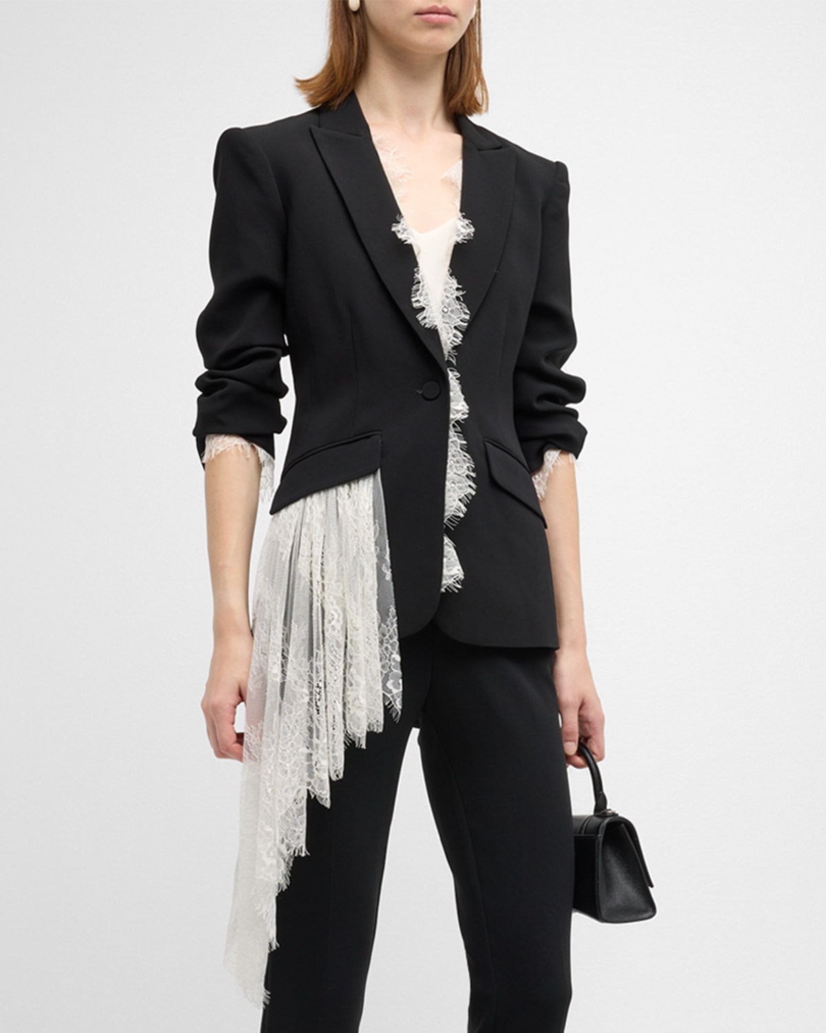 Cinq À Sept Keeves Scrunched-sleeve Lace Embellished Blazer In Black/ivory