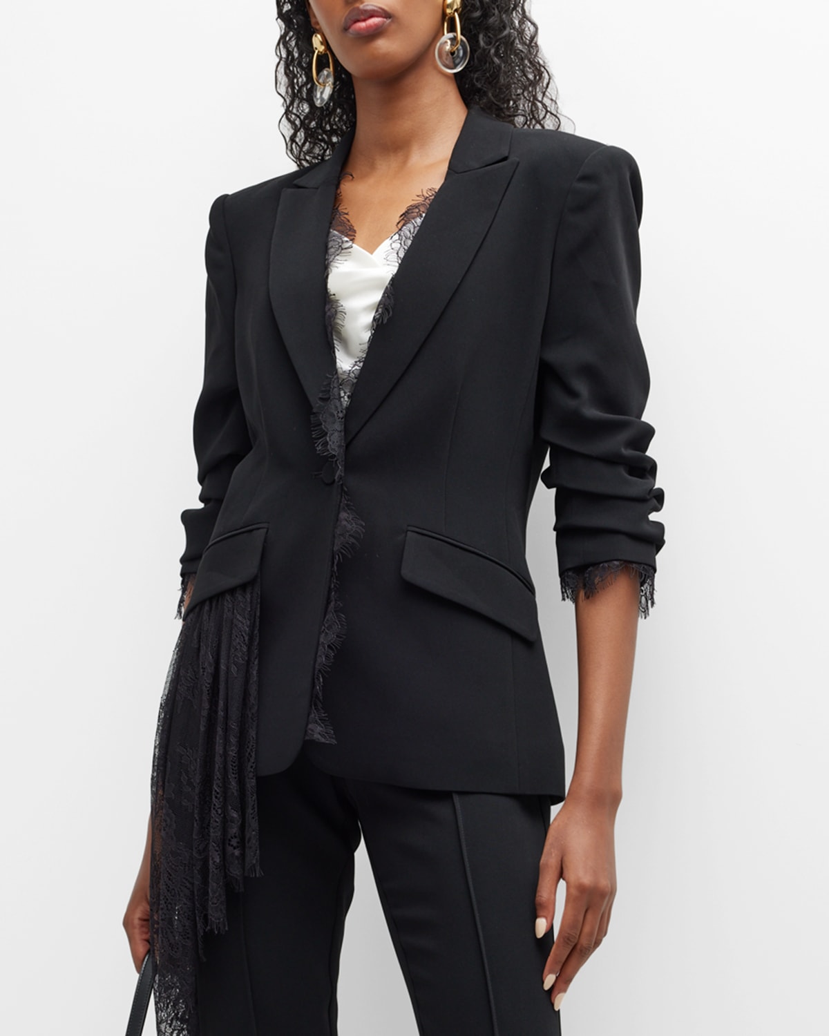 Cinq À Sept Keeves Scrunched-sleeve Lace Embellished Blazer In Black