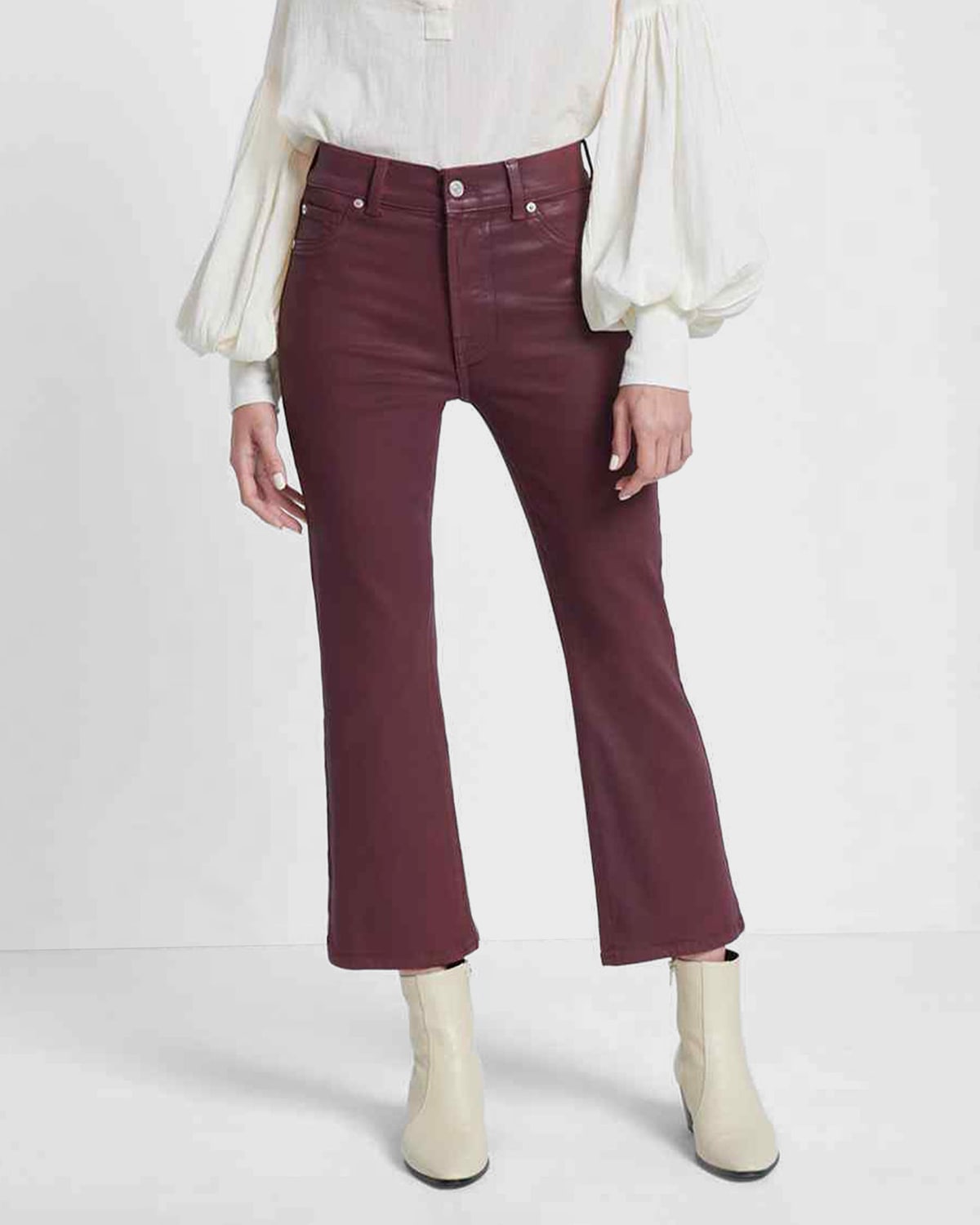 7 For All Mankind The Slim Kick Coated Flared Ankle Jeans In Coated Ruby Rust