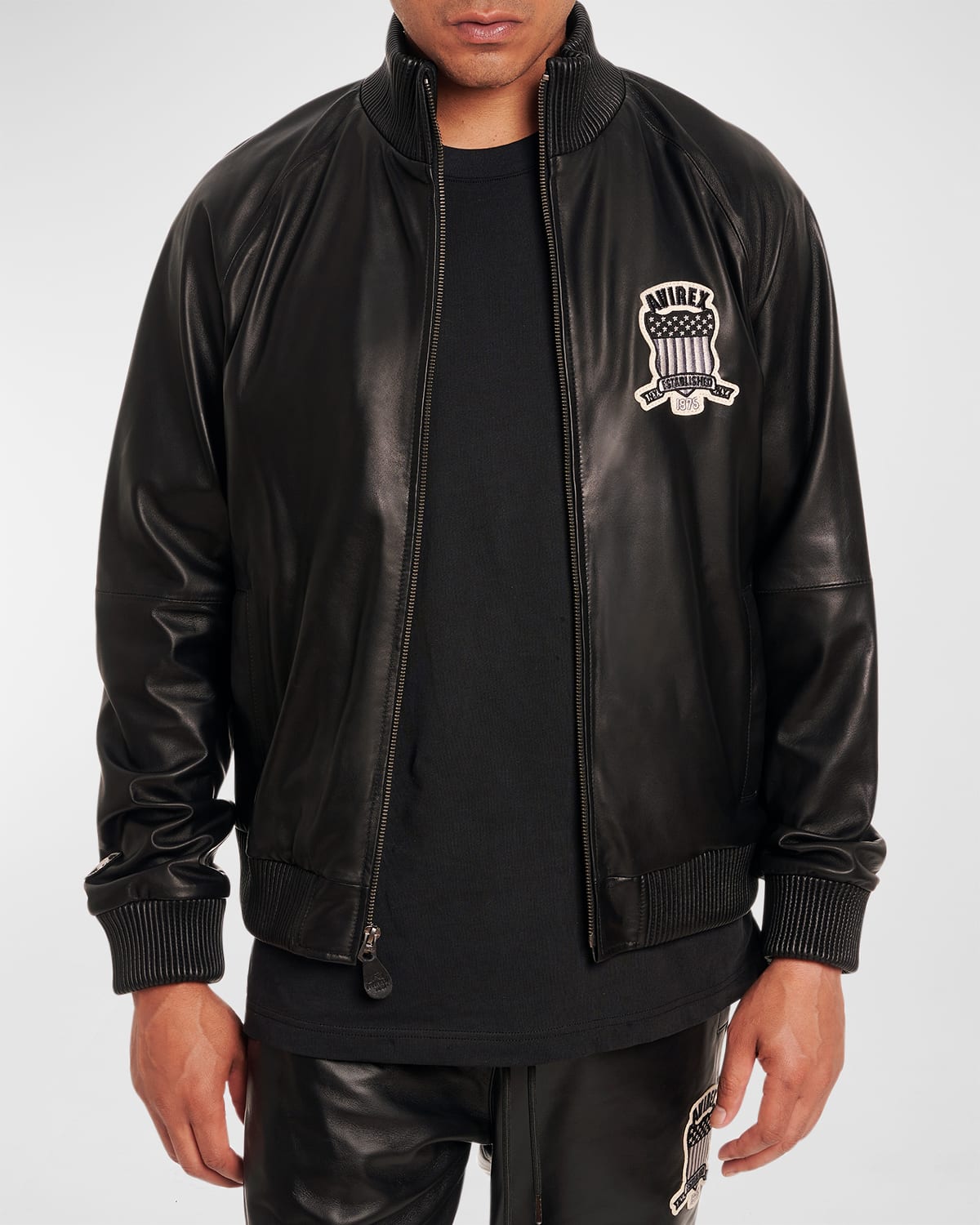 Avirex Men's Leather Logo Track Jacket In Black