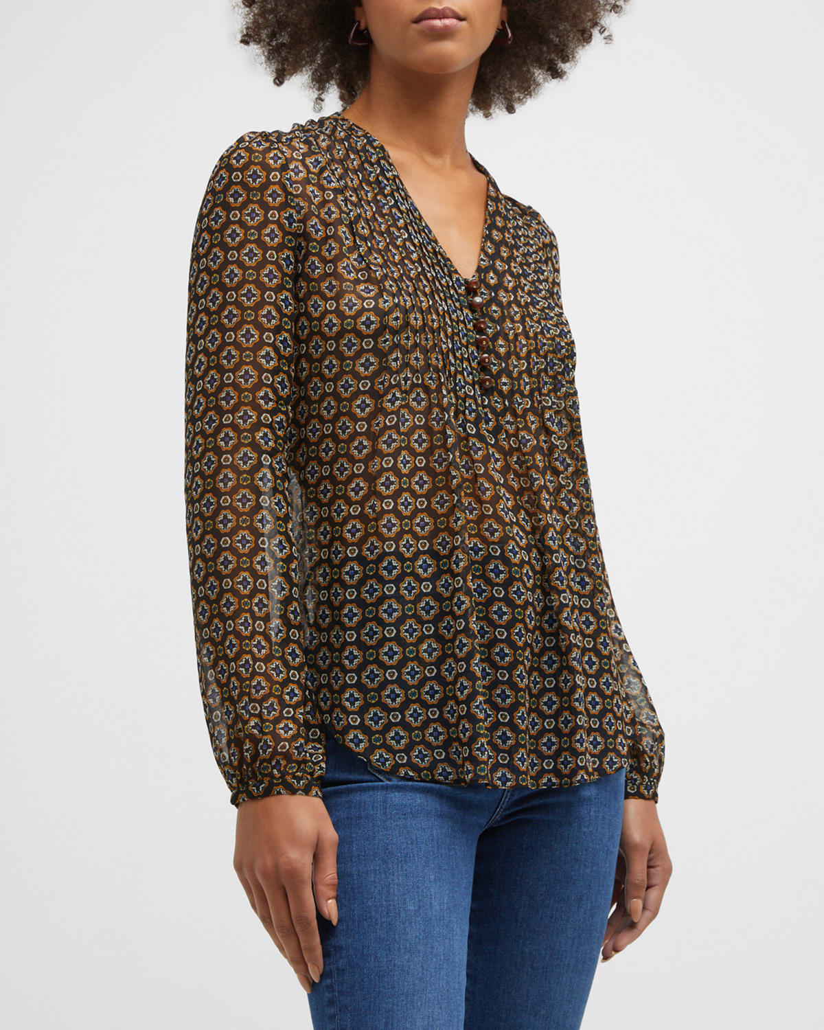 Veronica Beard Lowell Sheer Printed Long Sleeve Blouse In Black Multi
