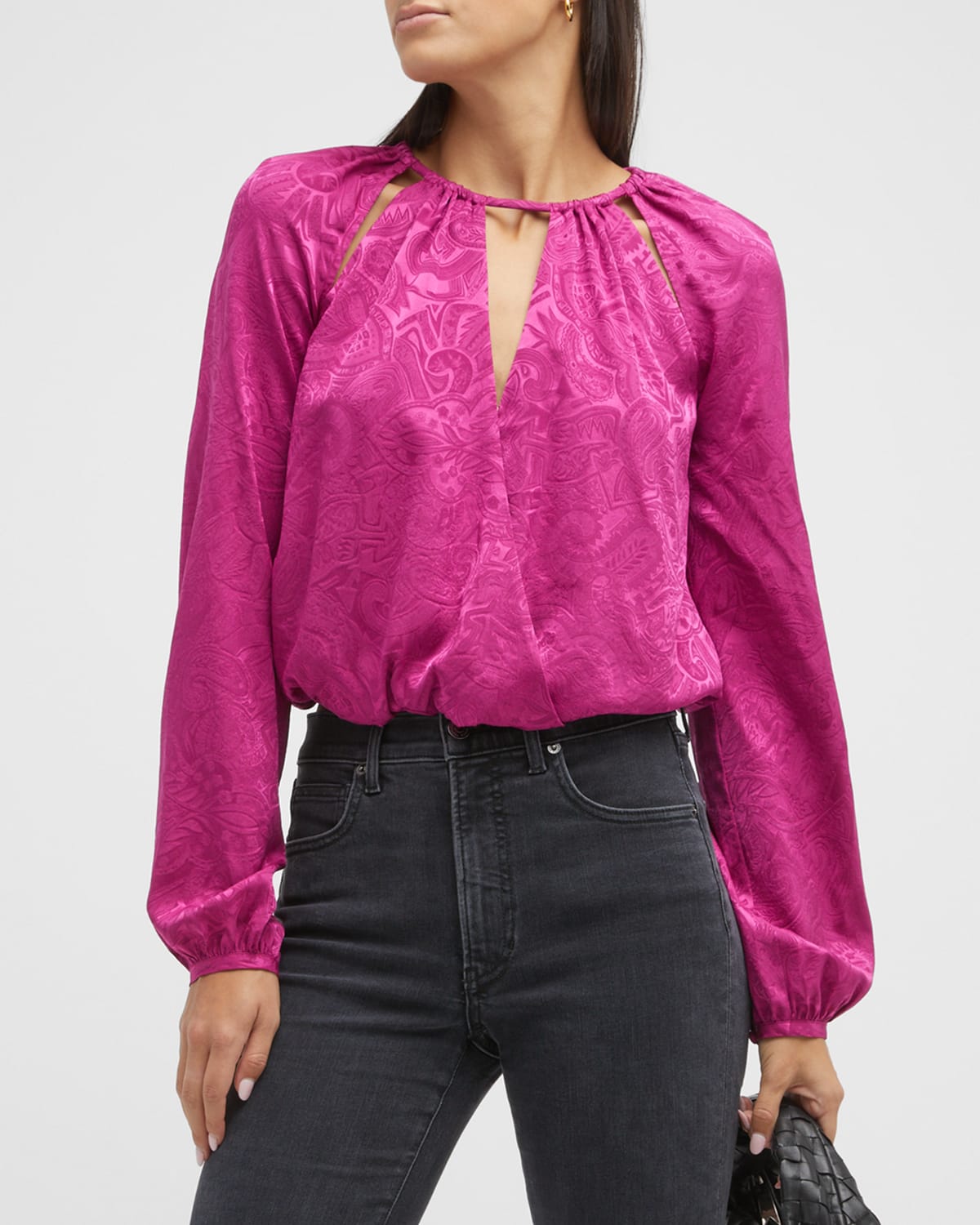 Veronica Beard Sionne Paisley Puff Sleeve Silk Blend Top In Pink In Bright Magenta