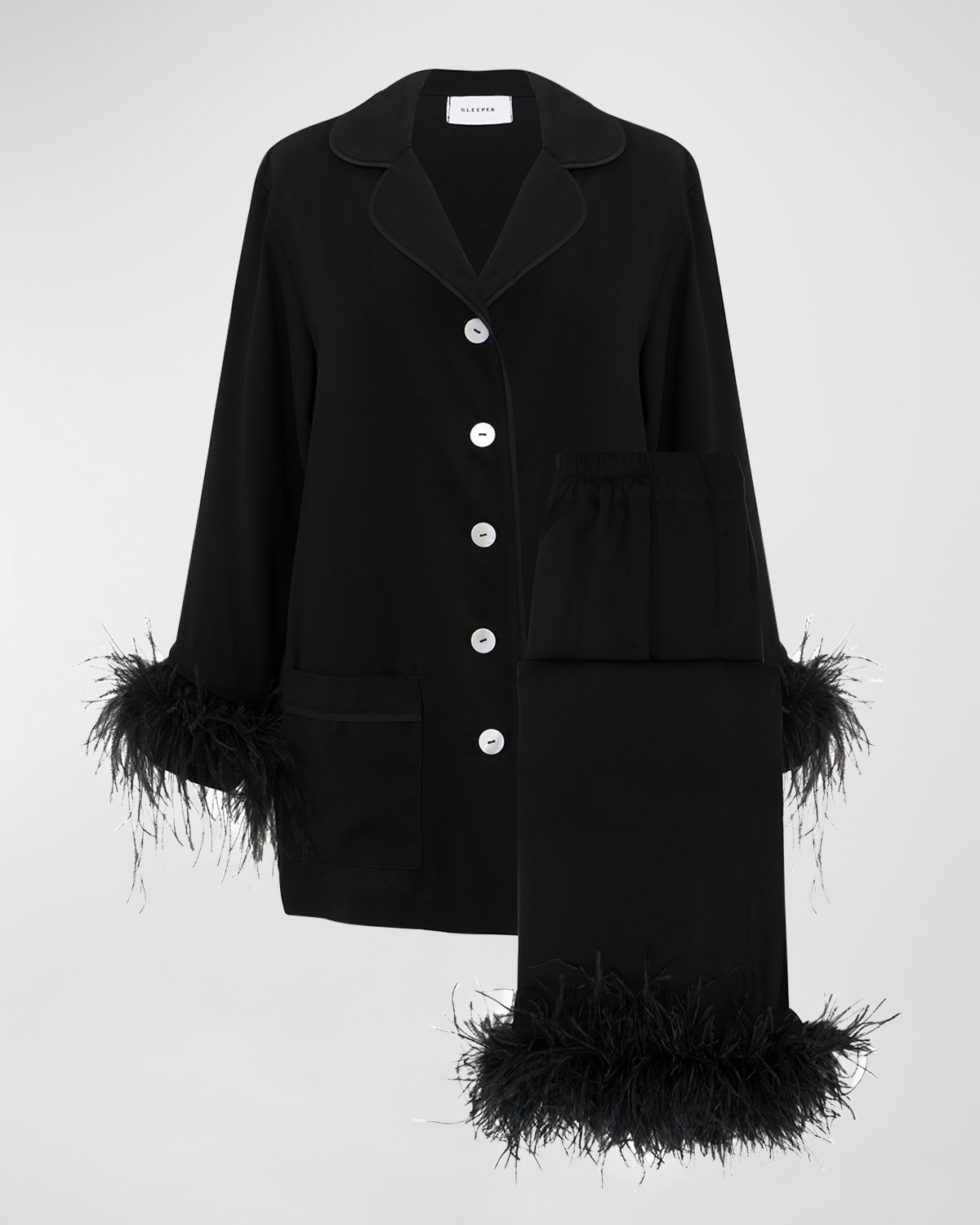 Sleeper Party Pajama Set With Double Feathers In Black