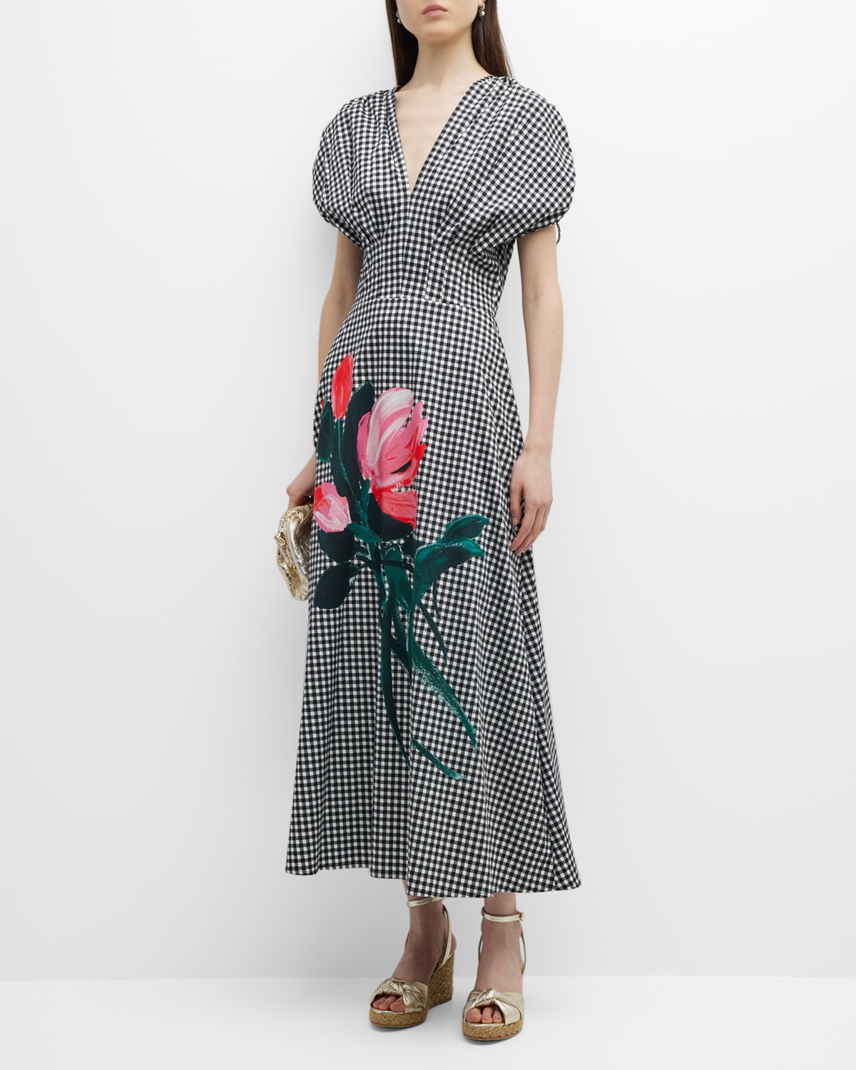 Gingham Floral-Print Dress