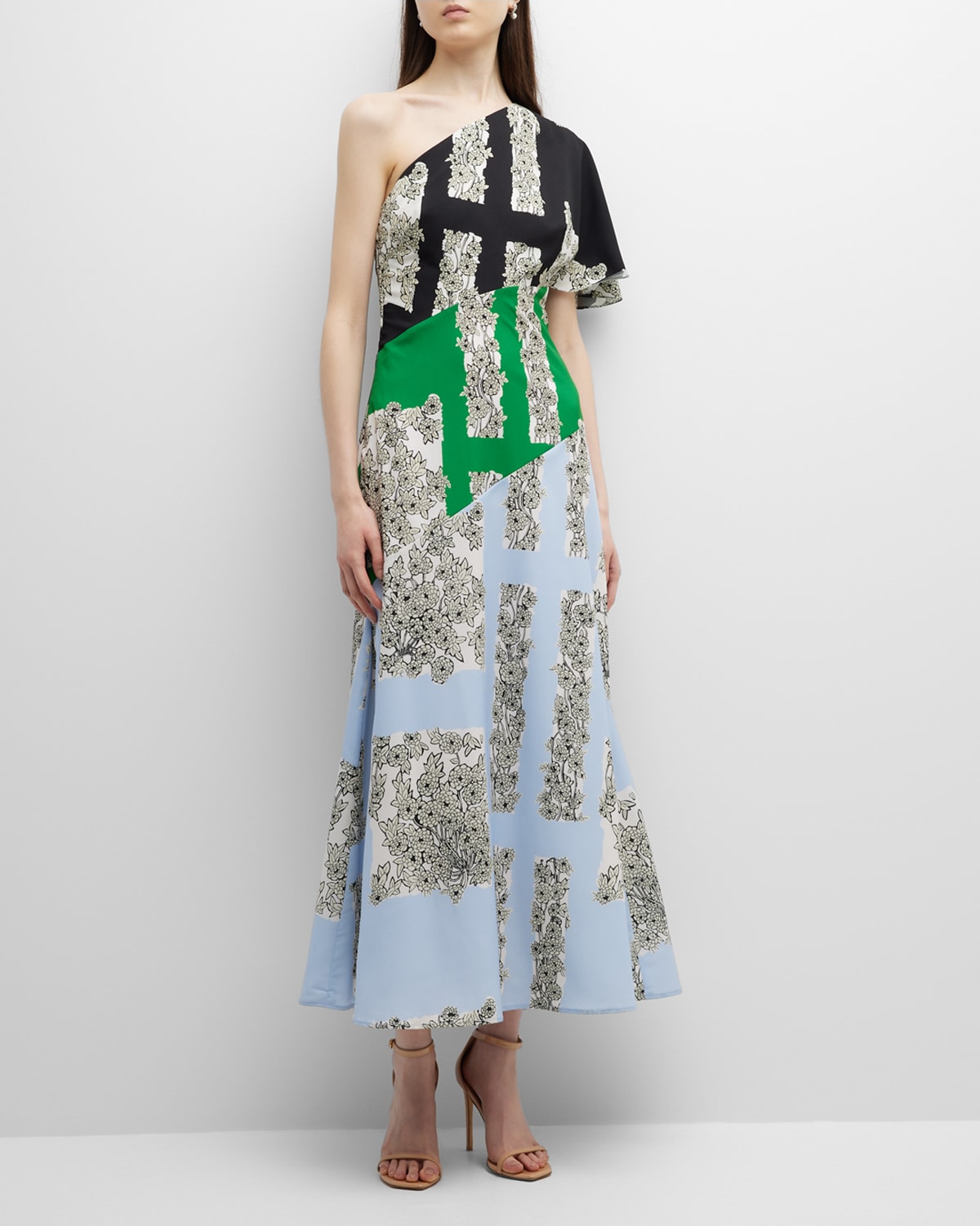 Colorblock Floral-Print One-Shoulder Dress