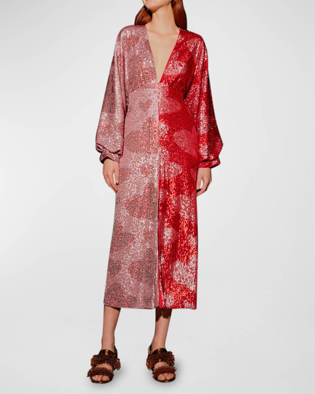 FARM RIO HEART SEQUIN PUFF-SLEEVE MIDI DRESS