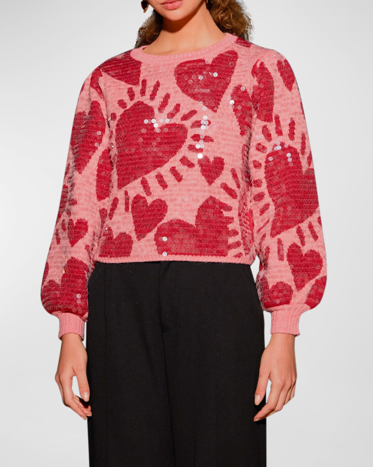 Farm Rio Heart Pattern Crewneck Sequin Sweater In Multi