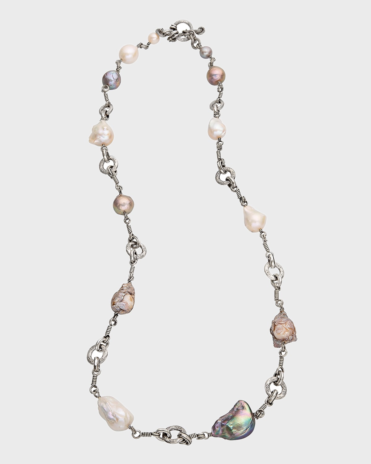 Hand-Carved Baroque Multihued Pearl Necklace in Sterling Silver