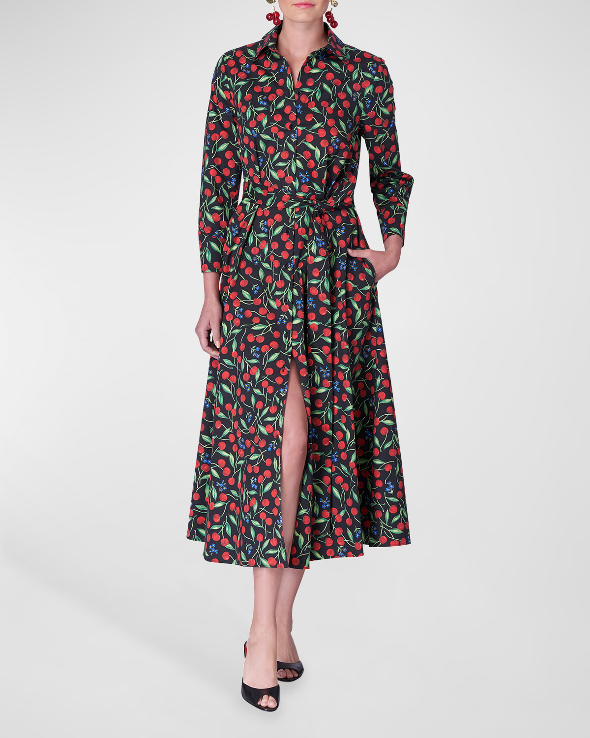 Cherry-Print Waist-Tie Midi Shirtdress