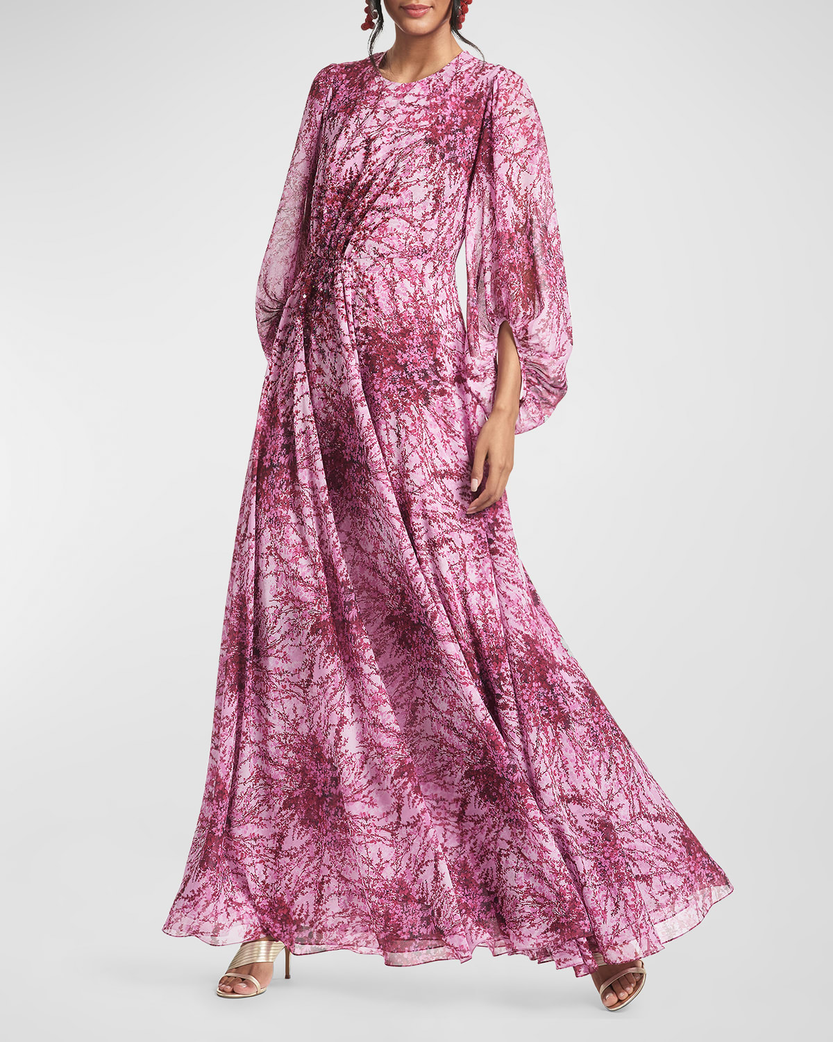 Bianca Abstract-Print Balloon-Sleeve Gown