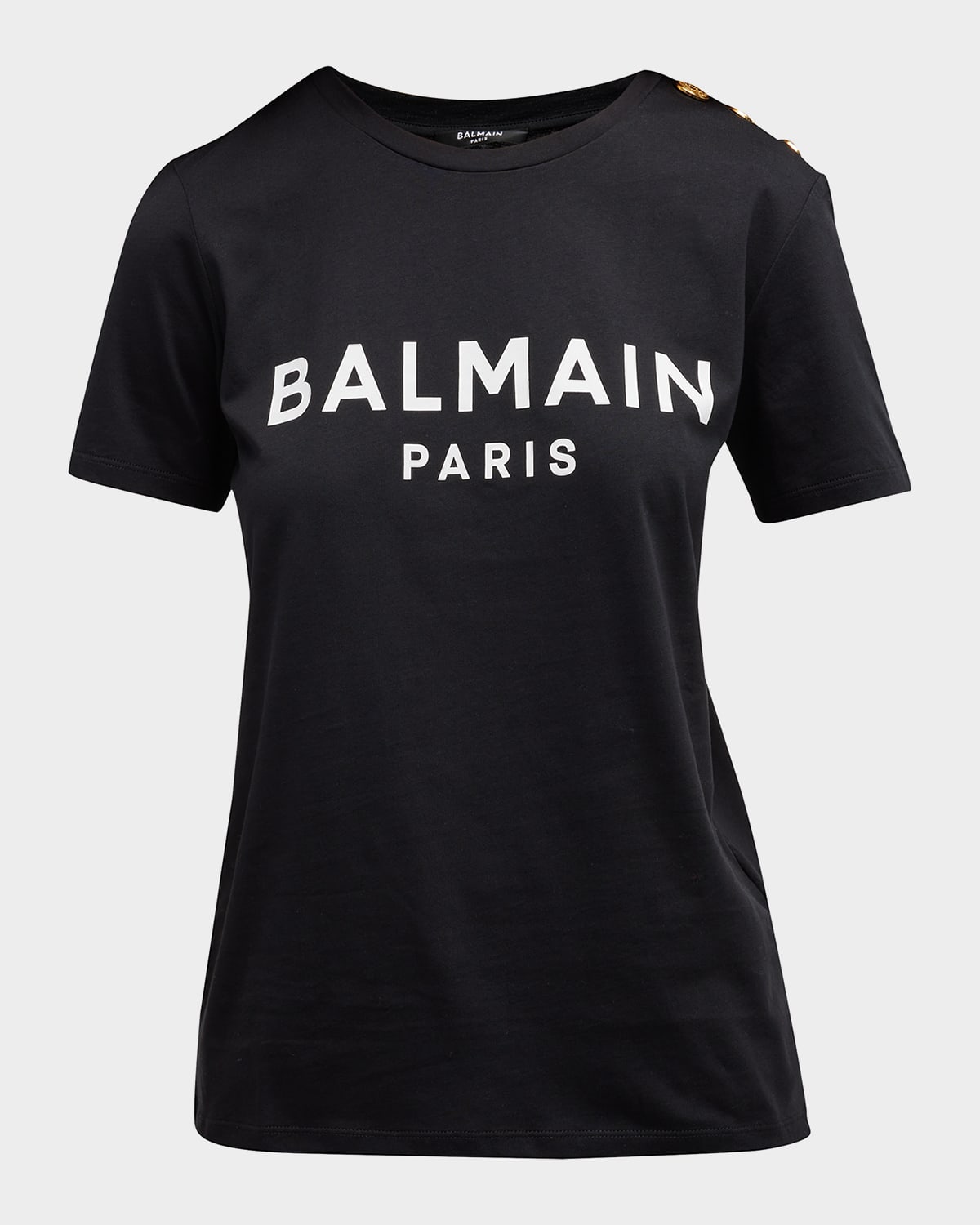 Balmain Black Crewneck T-shirt With Logo Print And Golden Buttons In Jersey Woman In White / Black