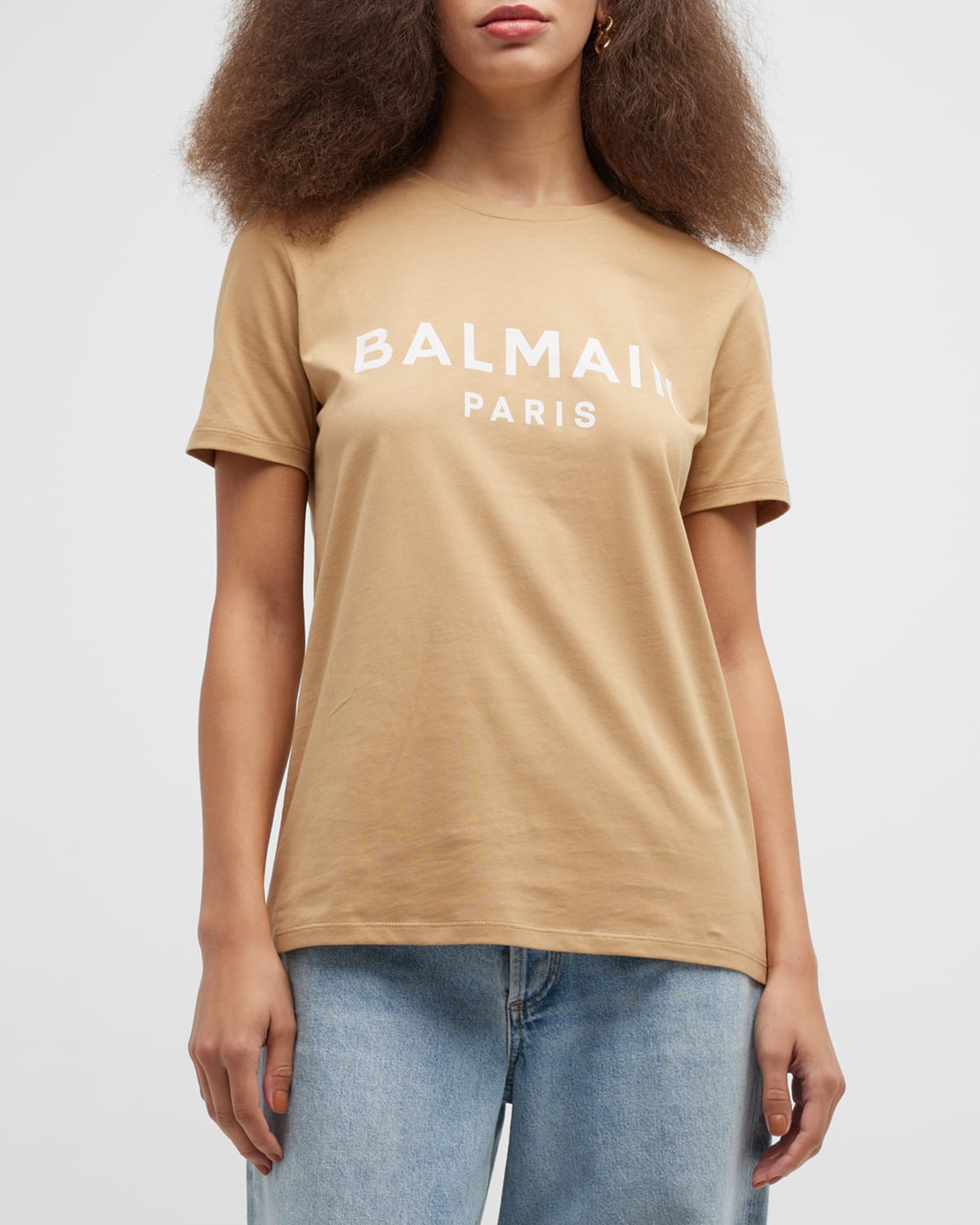 Balmain 3-button Flocked Logo T-shirt In Camel/pale Pink