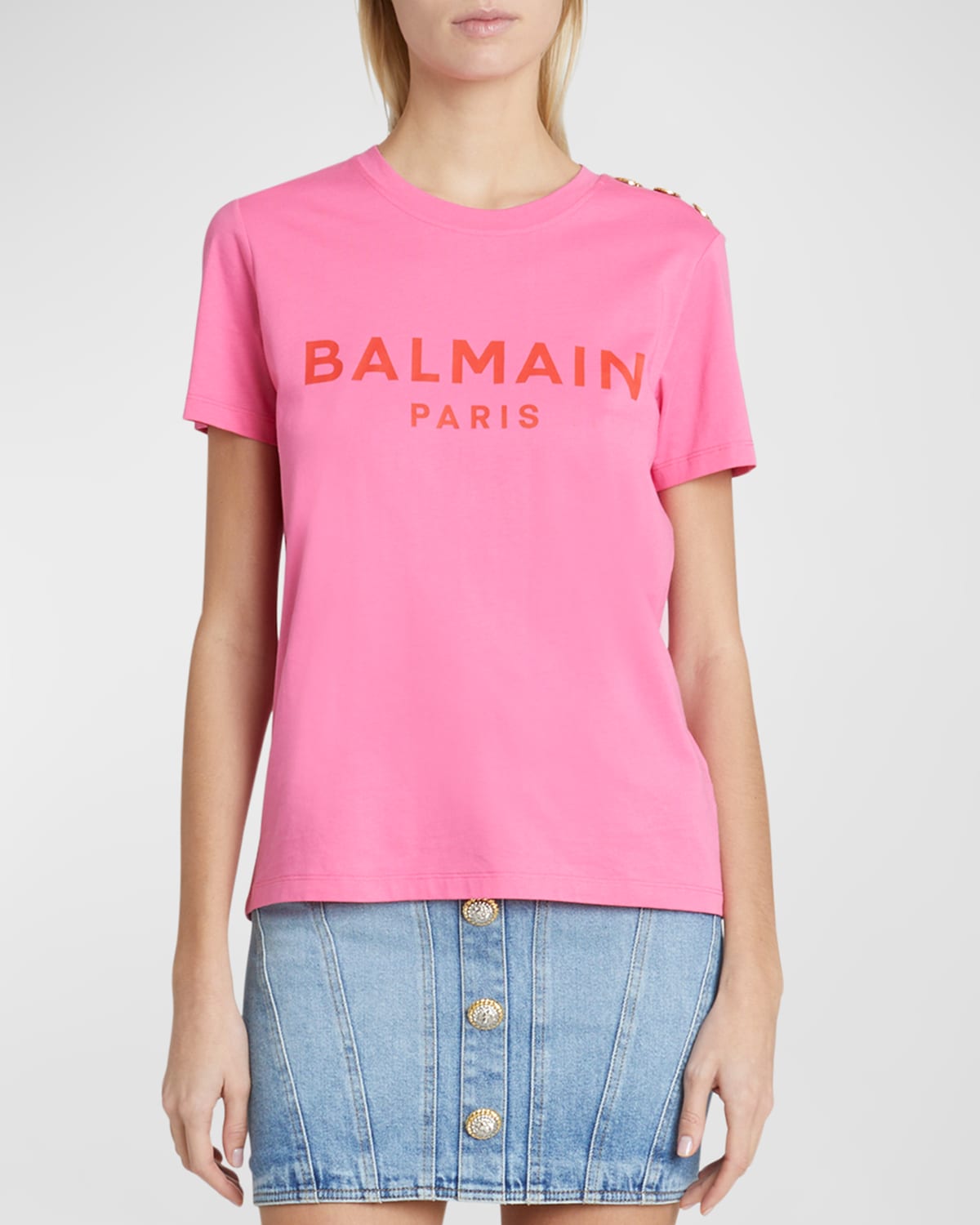 Shop Balmain 3-button Flocked Logo T-shirt In Pinkred