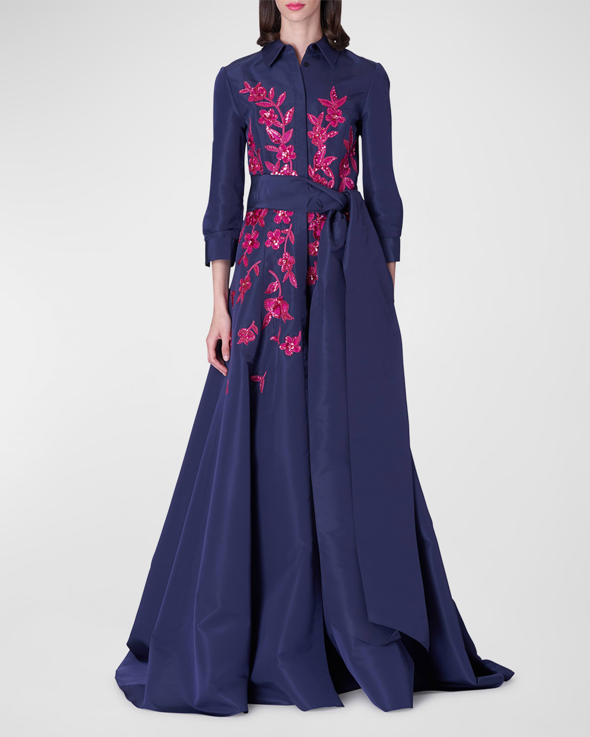 Floral Embroidered Waist-Tie Trench Gown