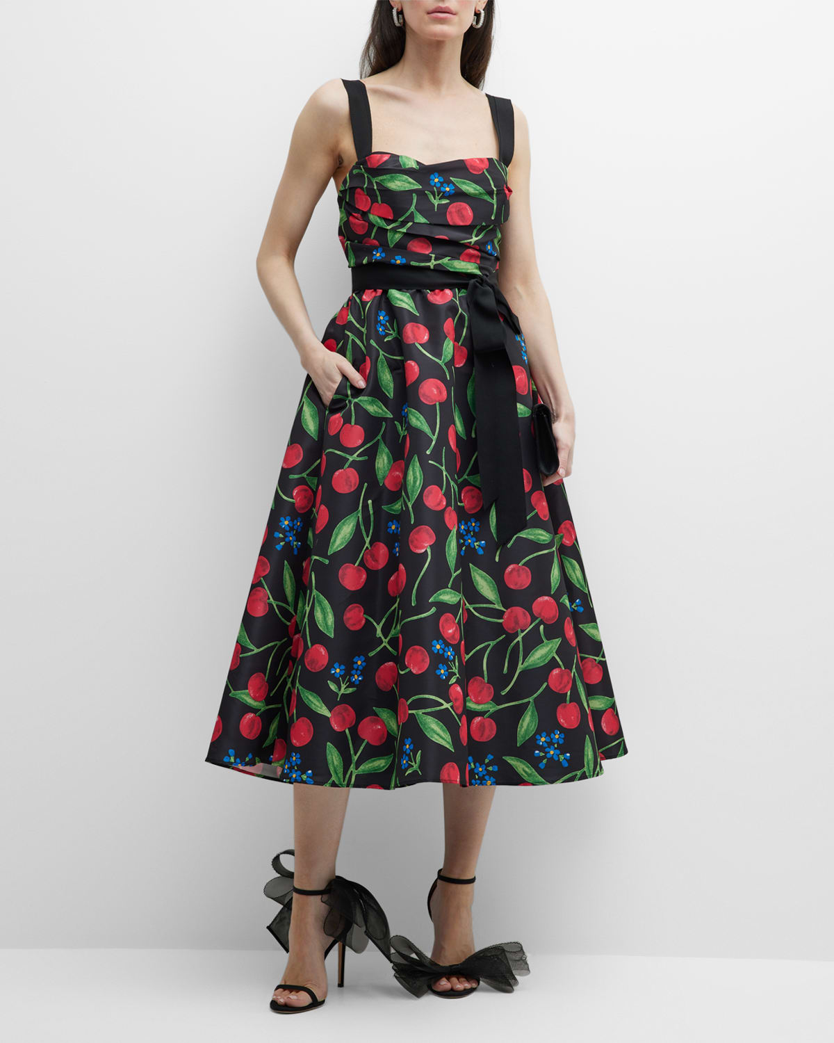 Carolina Herrera Cherry-print Draped Sash Midi Dress In Black Multi
