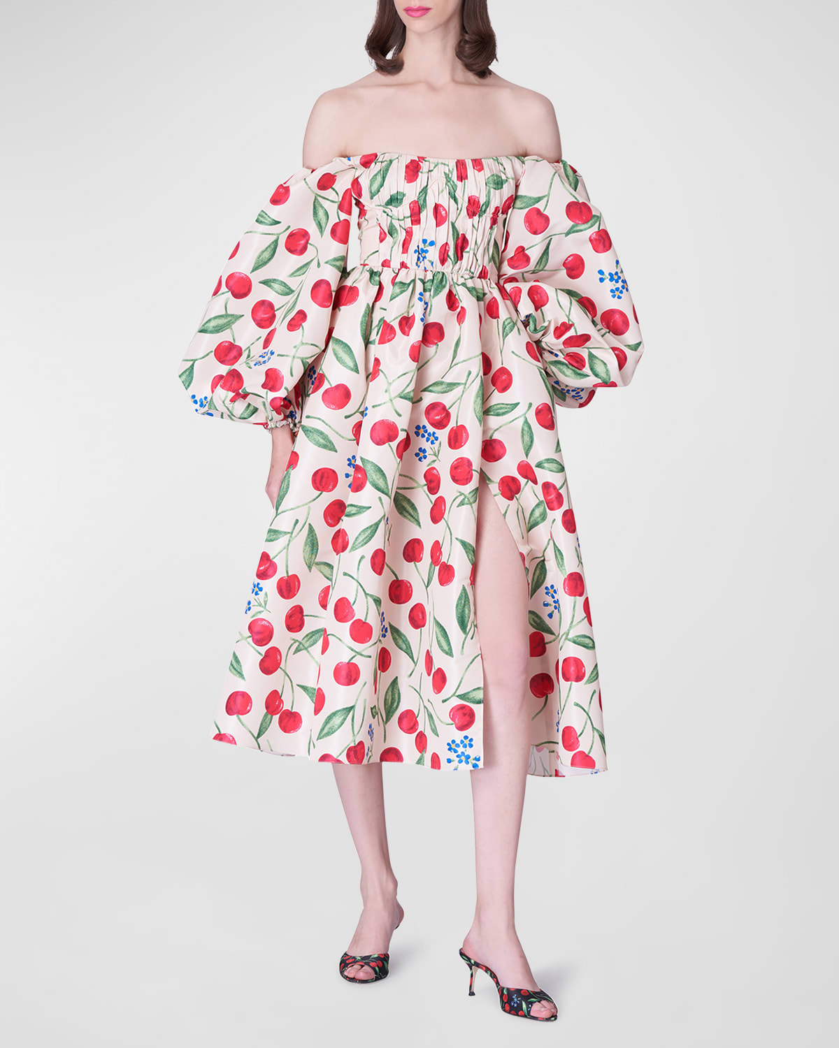 CAROLINA HERRERA CHERRY-PRINT OFF-THE-SHOULDER BALLOON-SLEEVE MIDI DRESS