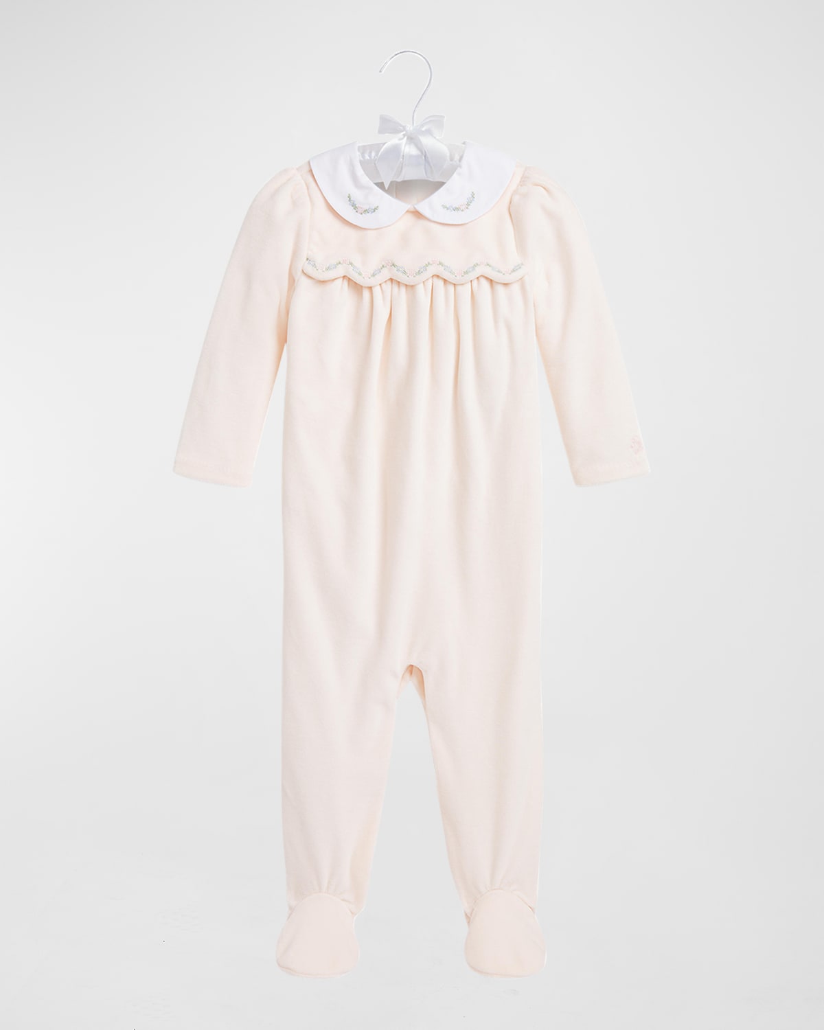 Girl's Velour Embroidered Footie, Size 3M-9M