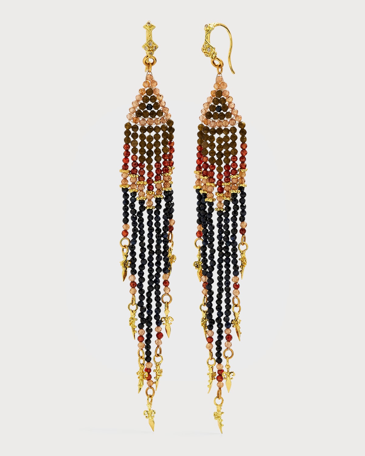 18K Yellow Gold Beaded Feather Earrings with Shaded Sapphires, Garnet, Labradorite and Brown Zircon